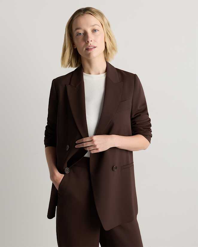 Coffee Bean Brown Stretch Crepe Double-Breasted Blazer