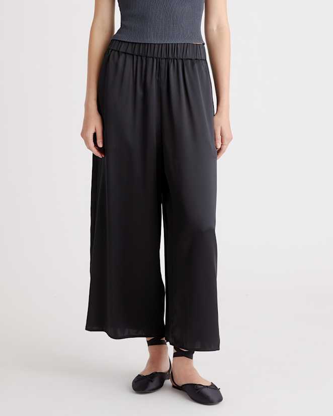 Black 100% Washable Silk Cropped Wide Leg Pant
