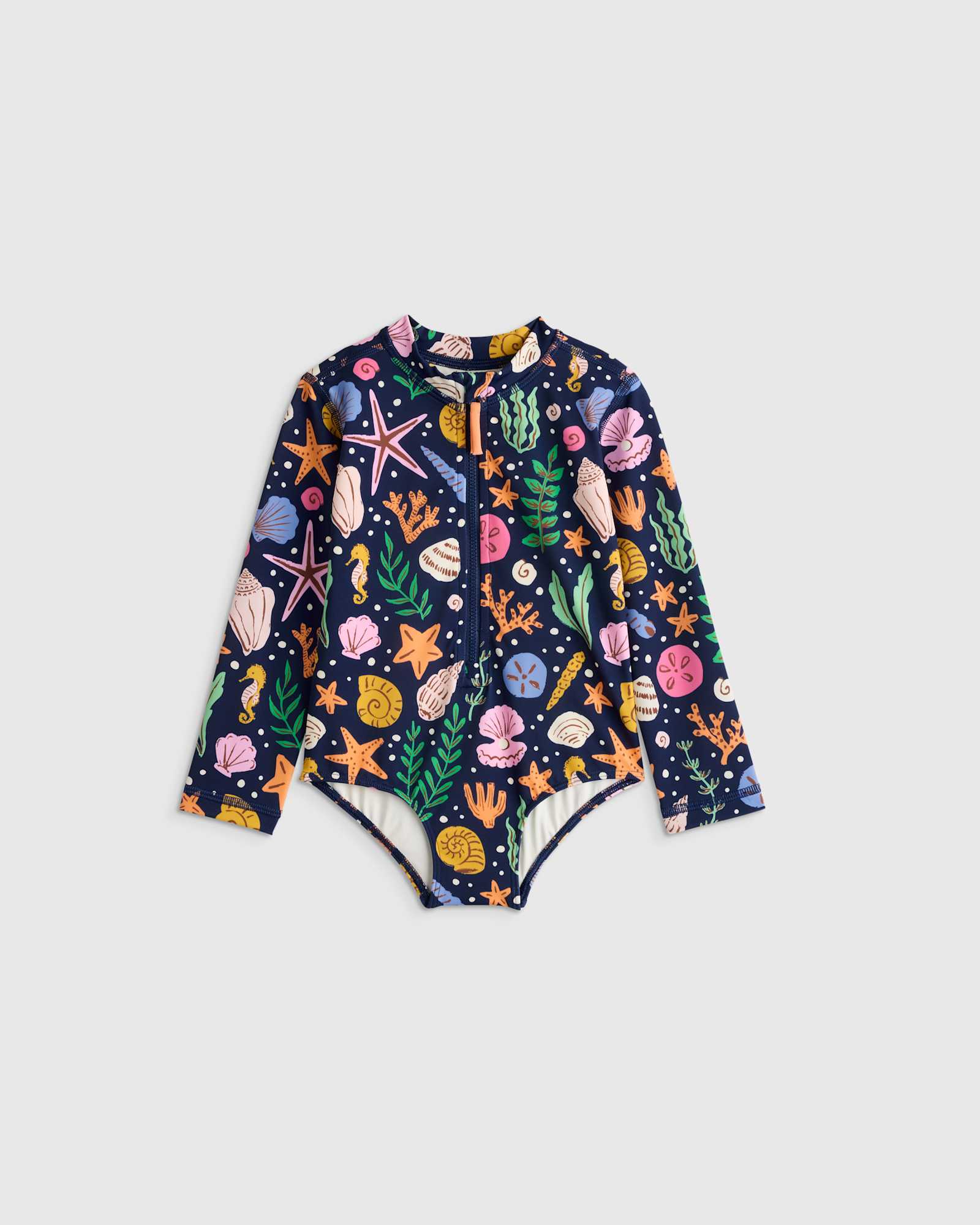 navy-seashells Long Sleeve Zip-Up Swimsuit