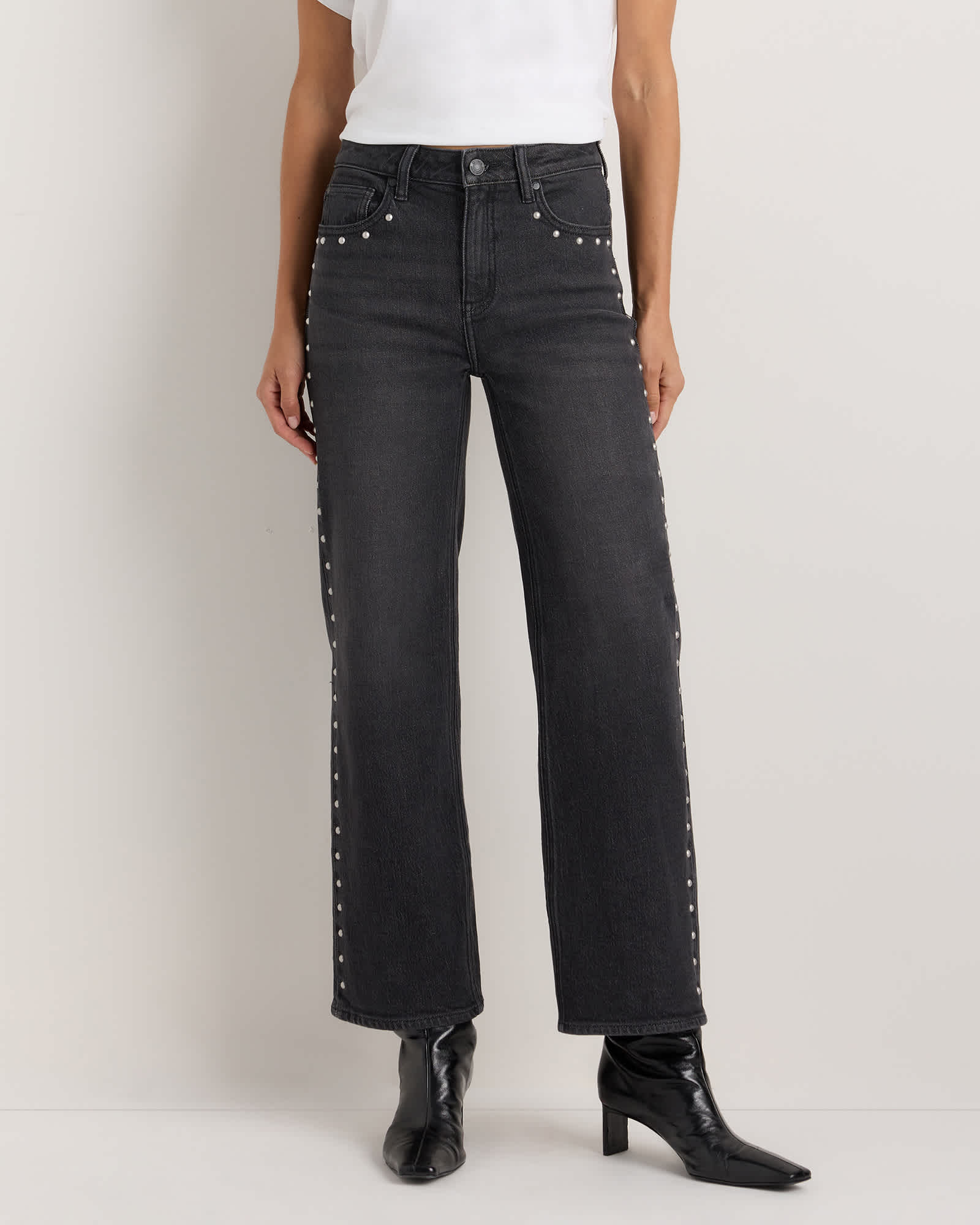 Charcoal Black Bella Stretch Studded Relaxed Straight Jeans