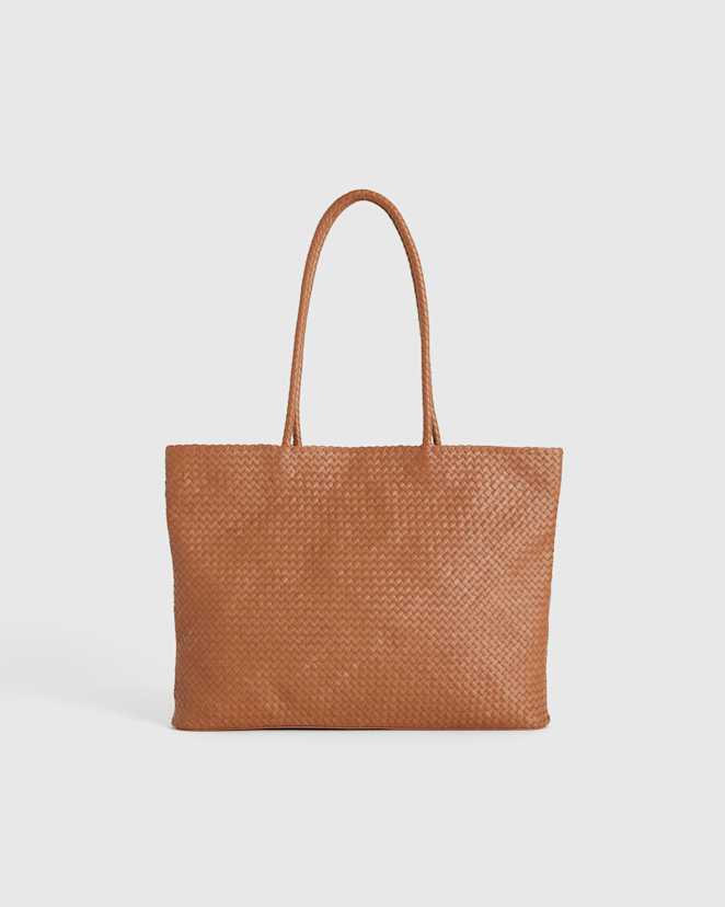 Cognac Italian Leather Small Handwoven Tote
