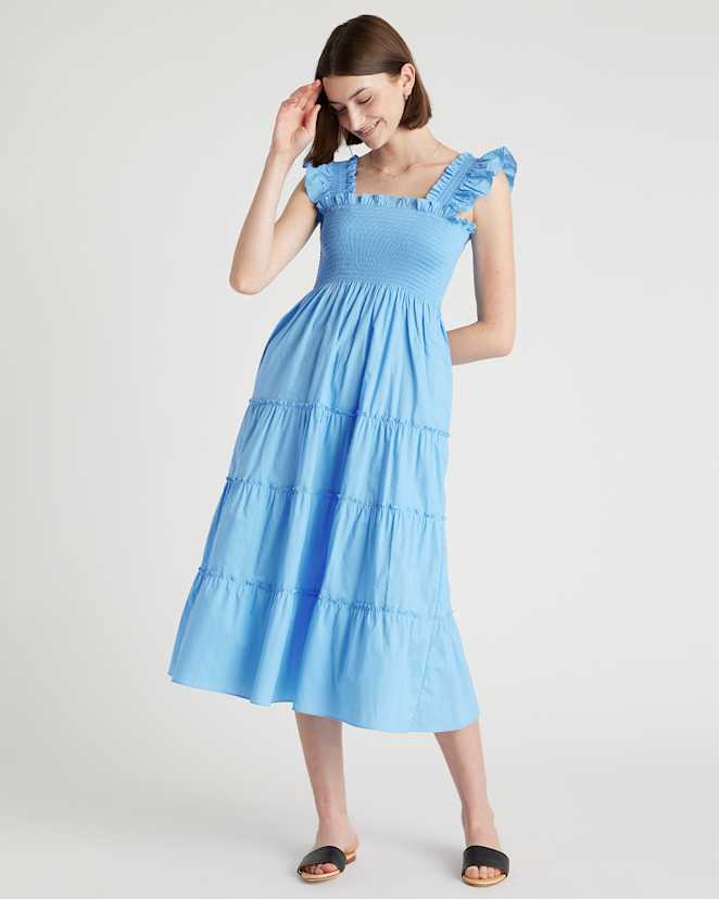 Cornflower Blue 100% Organic Cotton Poplin Smocked Midi Dress