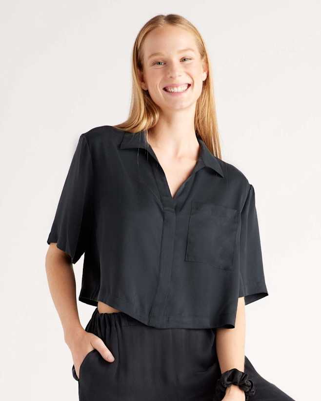 Black 100% Washable Silk Pajama Button Up Top