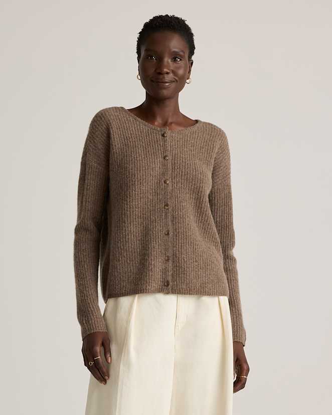 Heather Brown 100% Yak Soft Rib Crew Cardigan