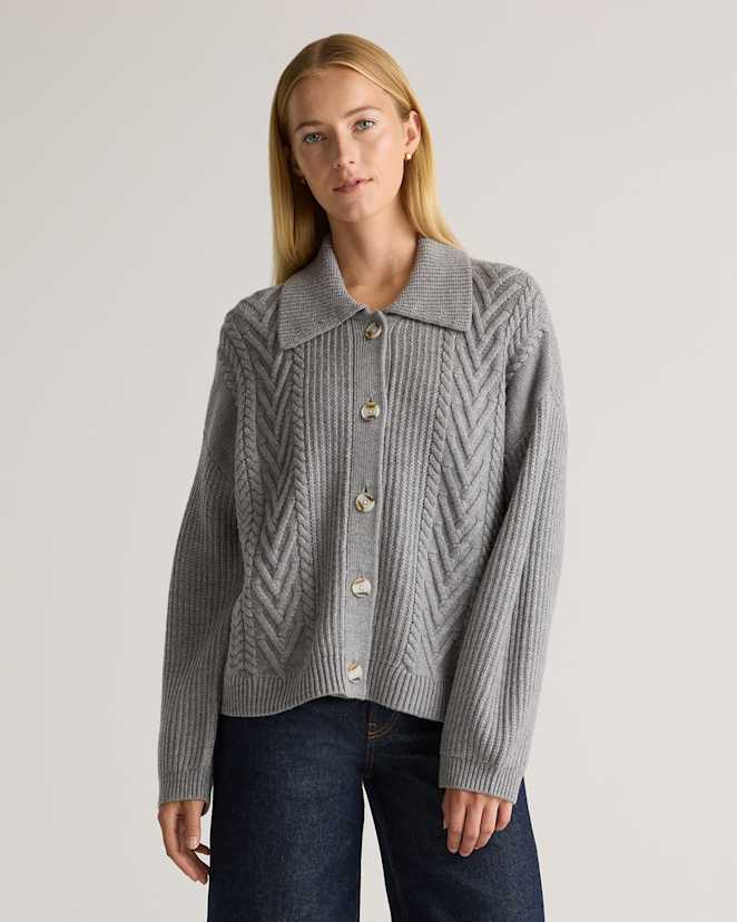 Heather Grey Cardigan à col en laine mérinos australienne torsadée