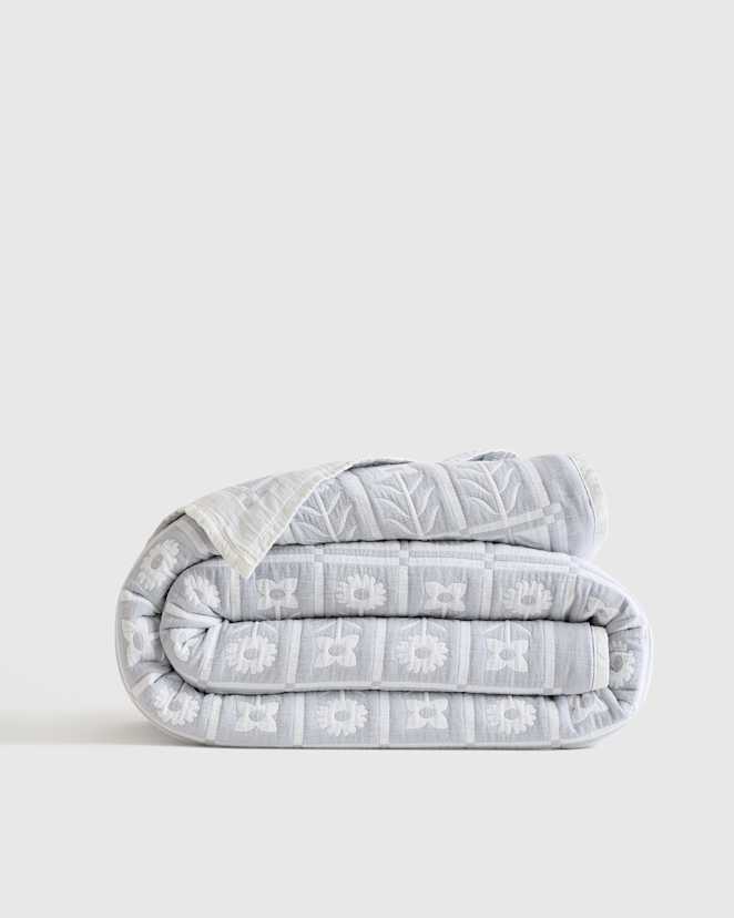 Blue Fog Organic Cotton Jacquard Floral Coverlet