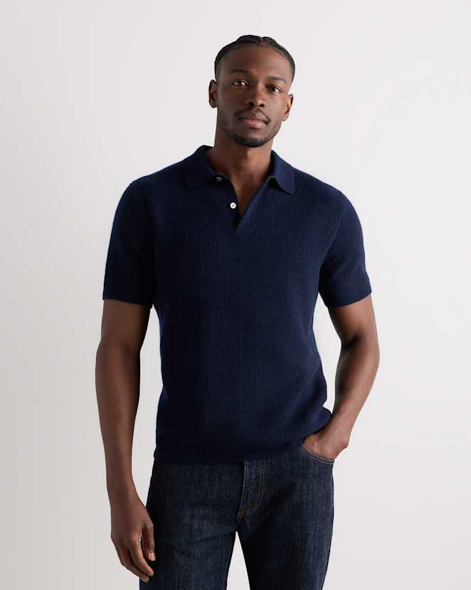True Navy Mongolian Cashmere Waffle Short Sleeve Polo Sweater