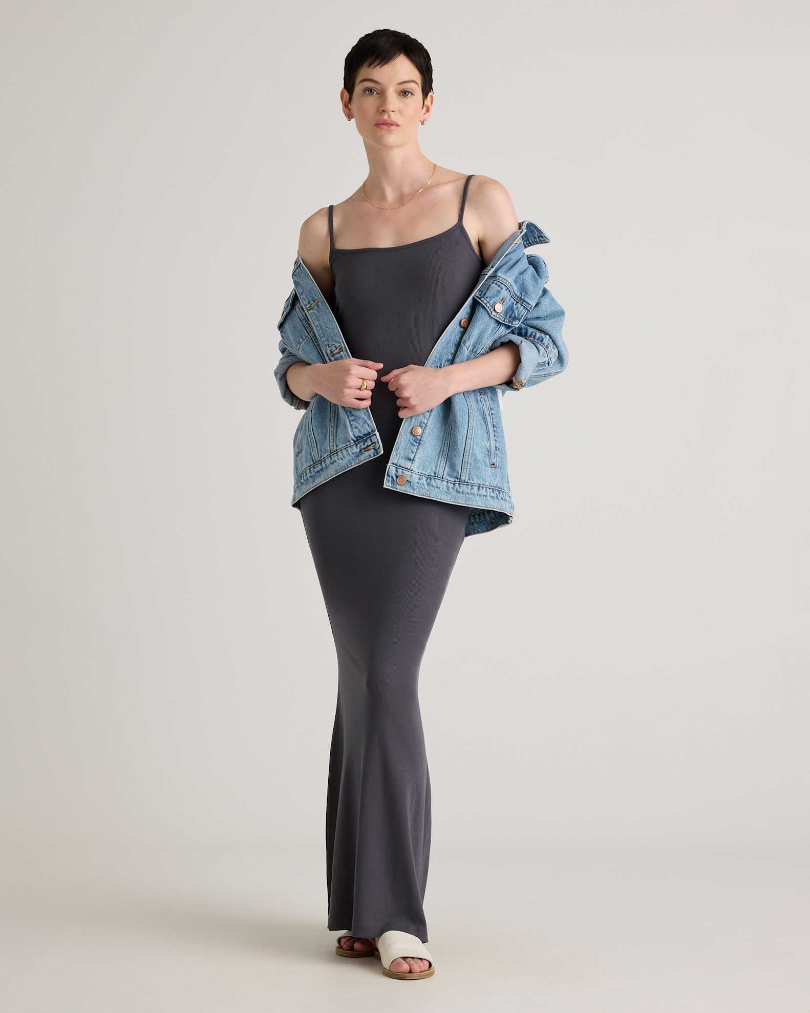 Quince Women's Tencel Rib Knit Maxi Slip Dress, Carbon Grey, Size Small, Cotton/Modal Blend, Body-Hugging Fit Quince Women's Tencel Rib Knit Maxi Slip Dress, Carbon Grey, Size Small, Cotton/Modal Blend, Body-Hugging Fit