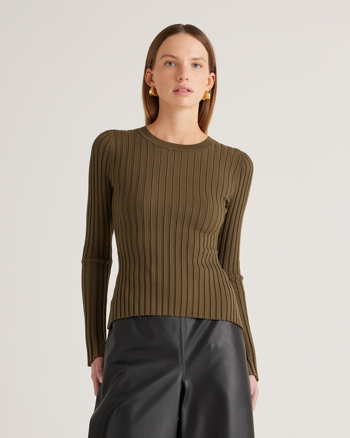 Cotton Cashmere Ribbed Long Sleeve Sweater in Olive