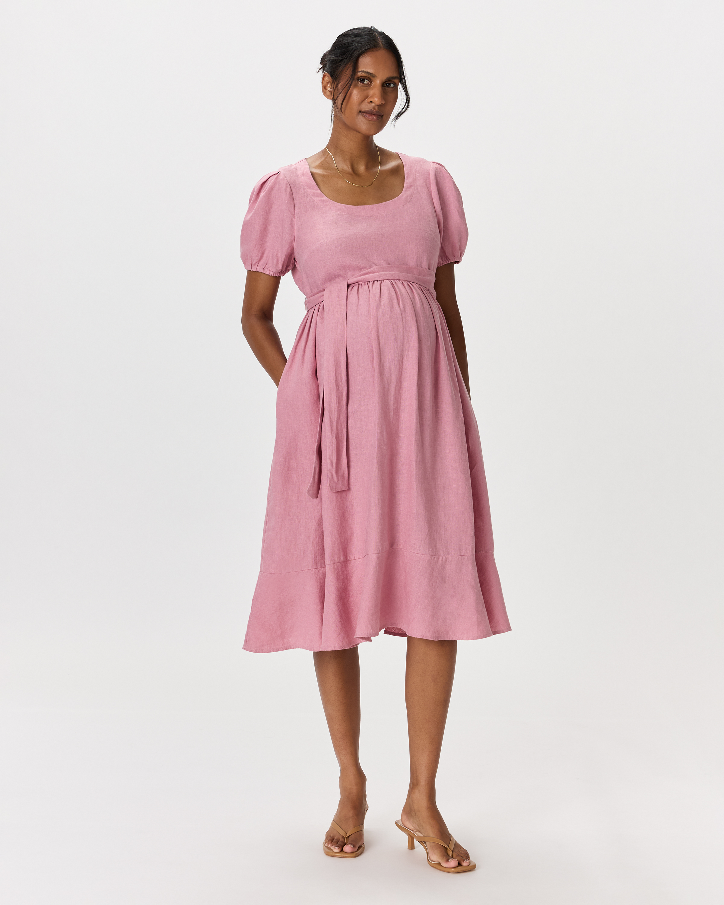 100% European Linen Maternity Short Sleeve Midi Dress in Mauve Mist