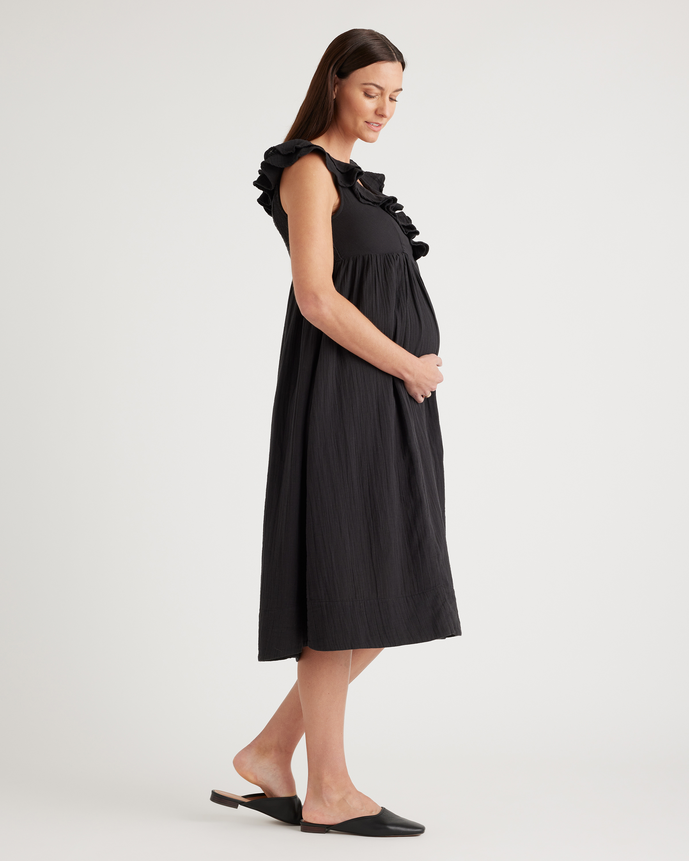 Women's Gauze Maternity Ruffle Front Dress in Black, Size XS, Organic Cotton by Quince