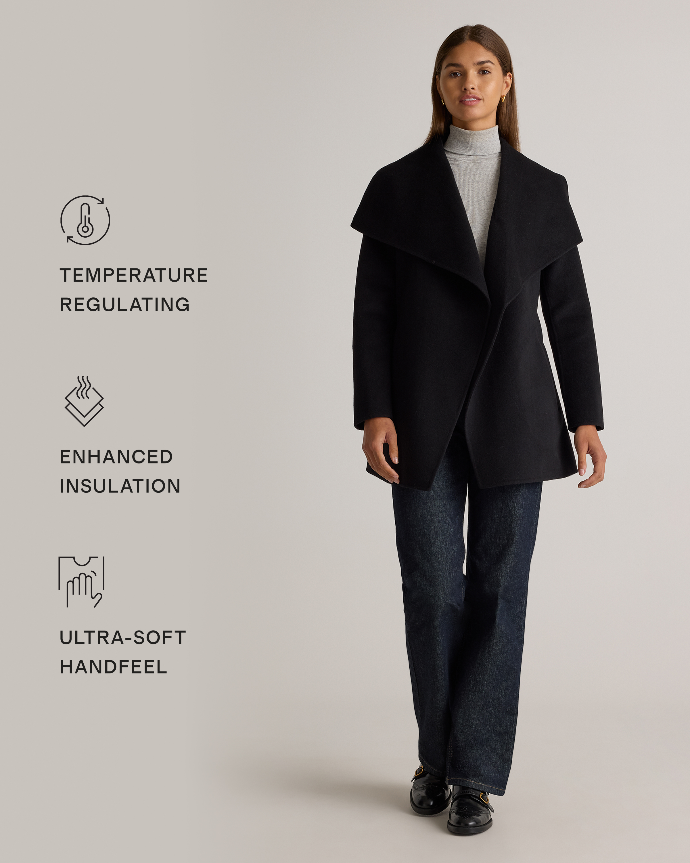 Double-Faced Merino Wool Draped Collar Short Wrap Coat in Black