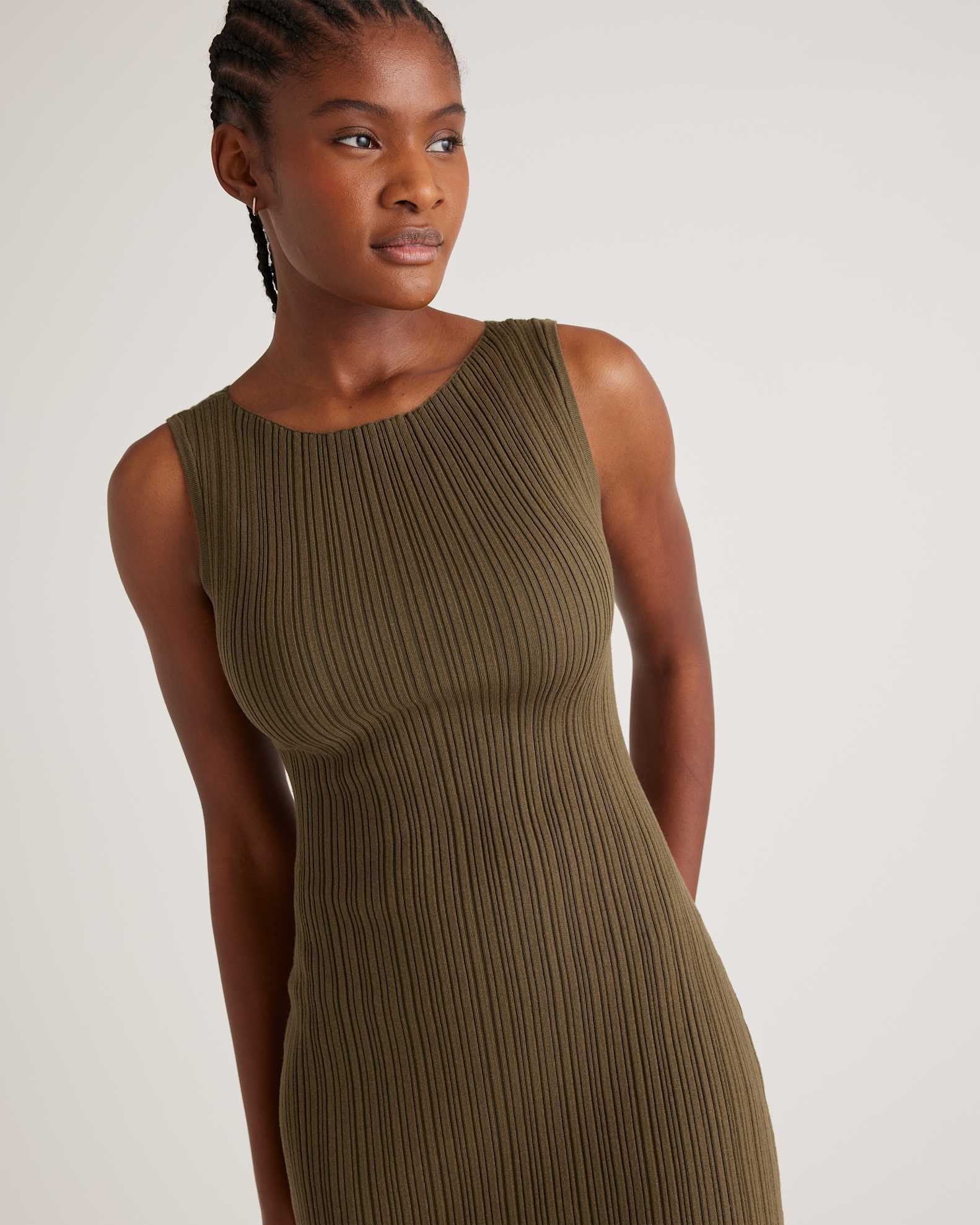 Cotton Cashmere Ribbed Sleeveless Midi Dress in Olive Cotton Cashmere Ribbed Sleeveless Midi Dress in Olive