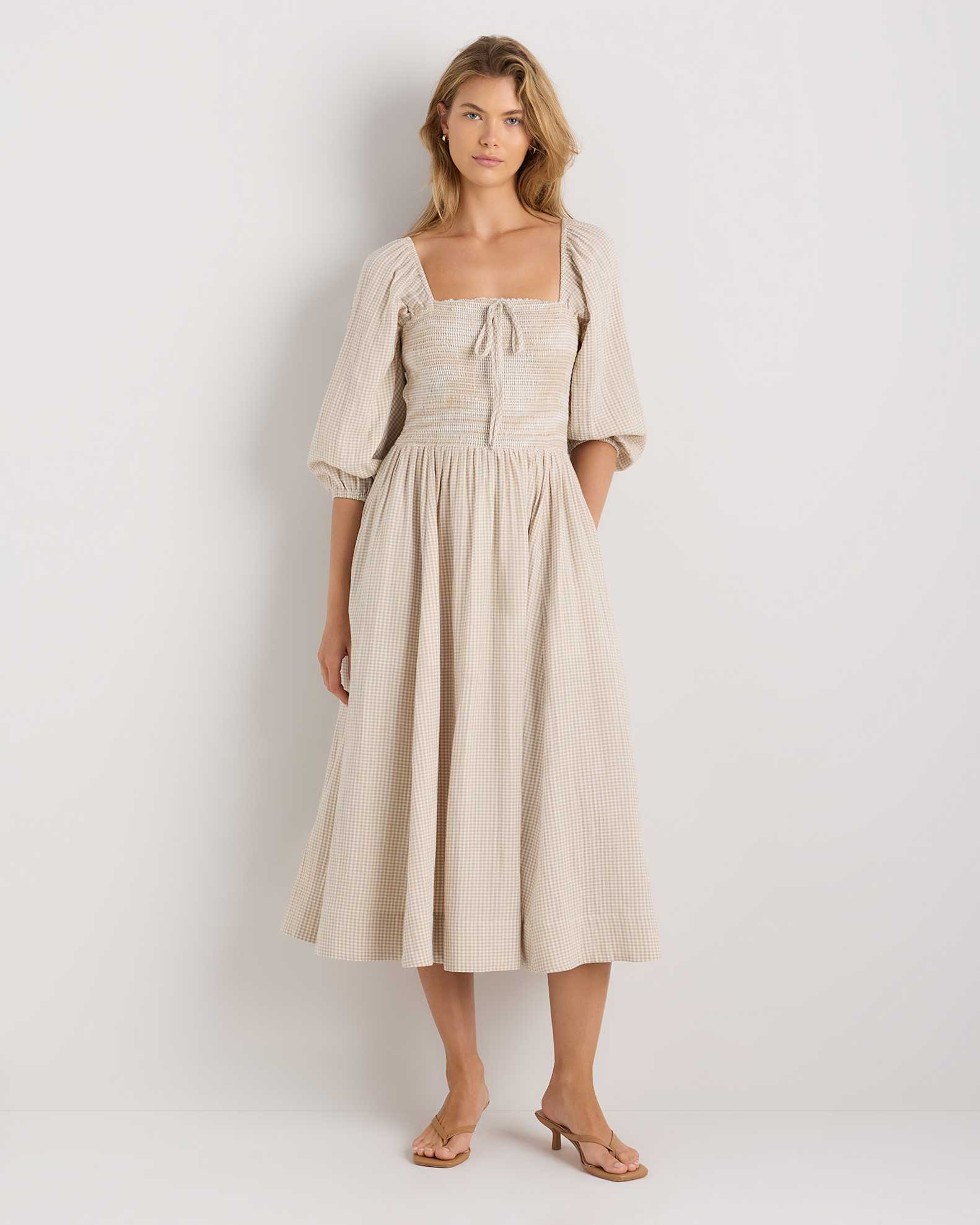 100% Organic Cotton Gauze Smocked Square Neck Midi Dress 100% Organic Cotton Gauze Smocked Square Neck Midi Dress