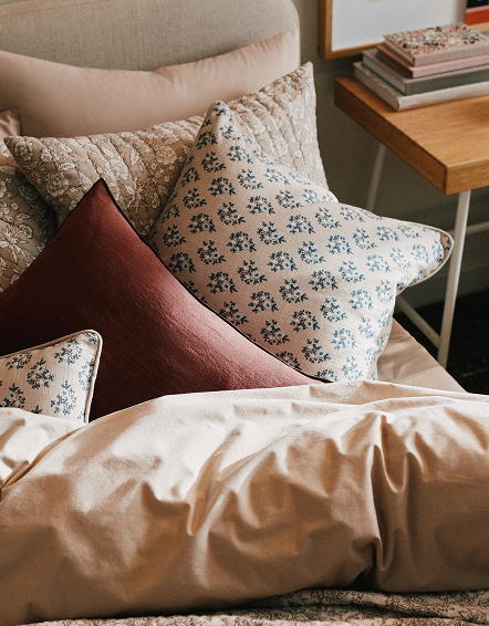 Natural Piped Block Print Cotton Pillow Cover
