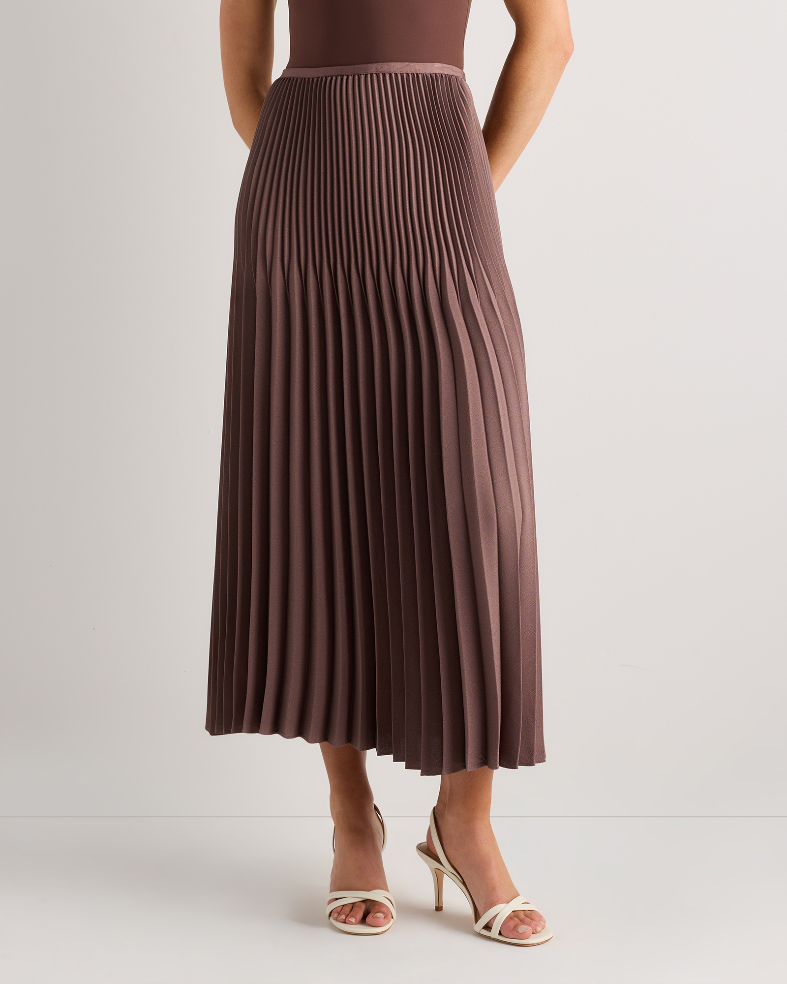 Taupe Brown Pleated Matte Midi Skirt