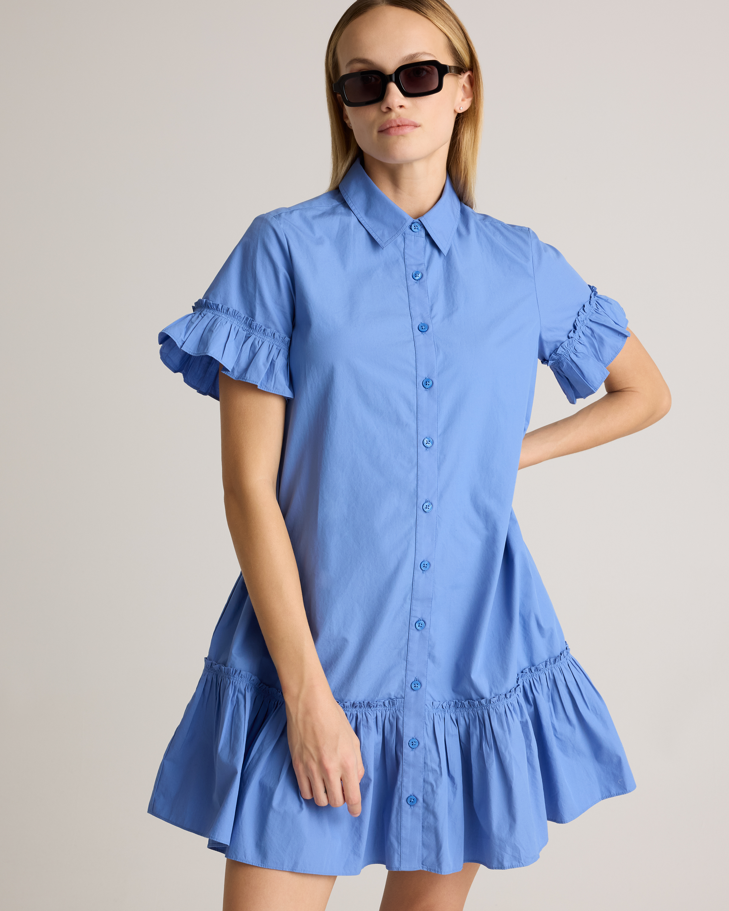 Women's 100% Organic Cotton Poplin Short Sleeve Ruffle Shirt