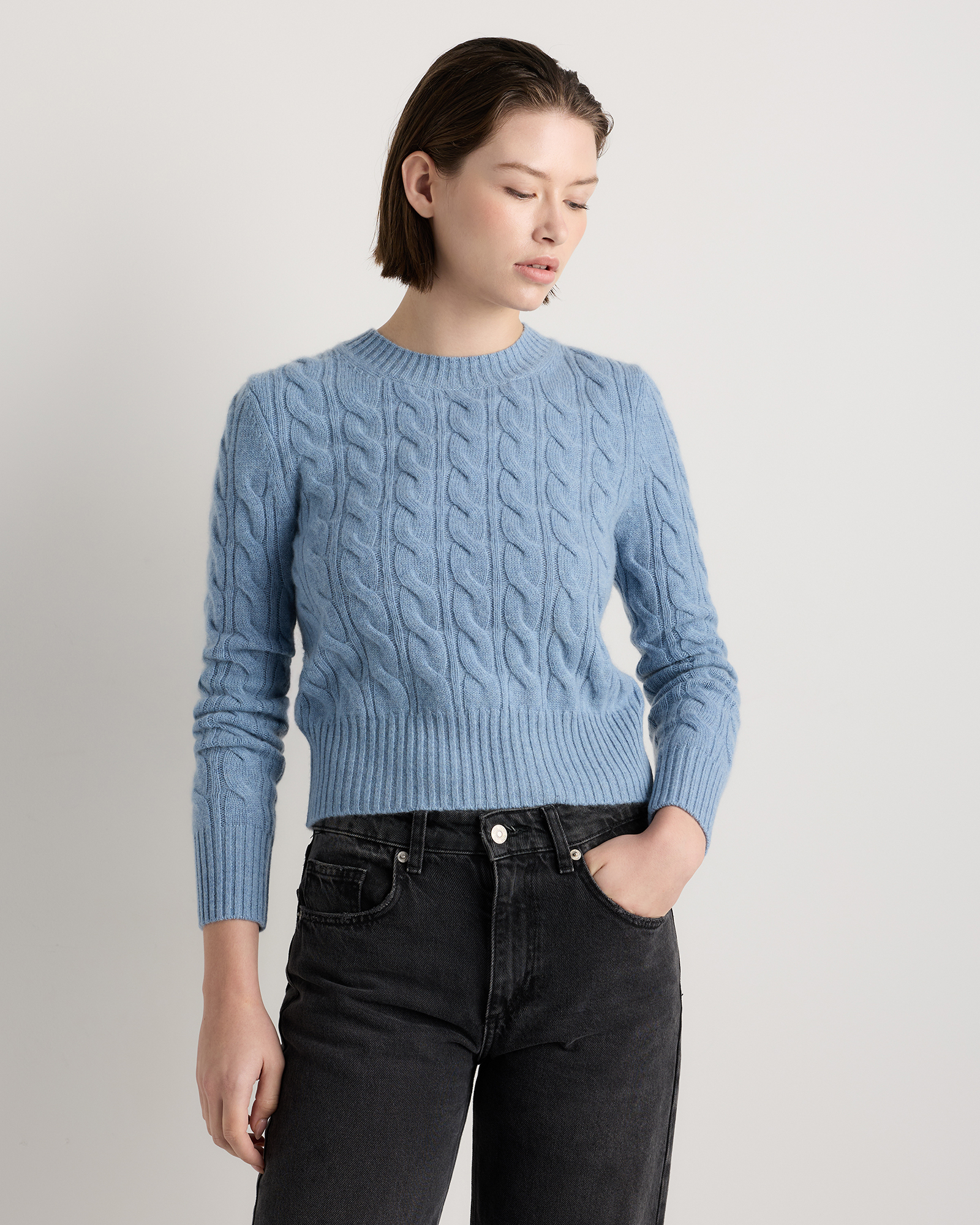 Quince Women's Mongolian Cashmere Shrunken Cable Crewneck Sweater In Blue