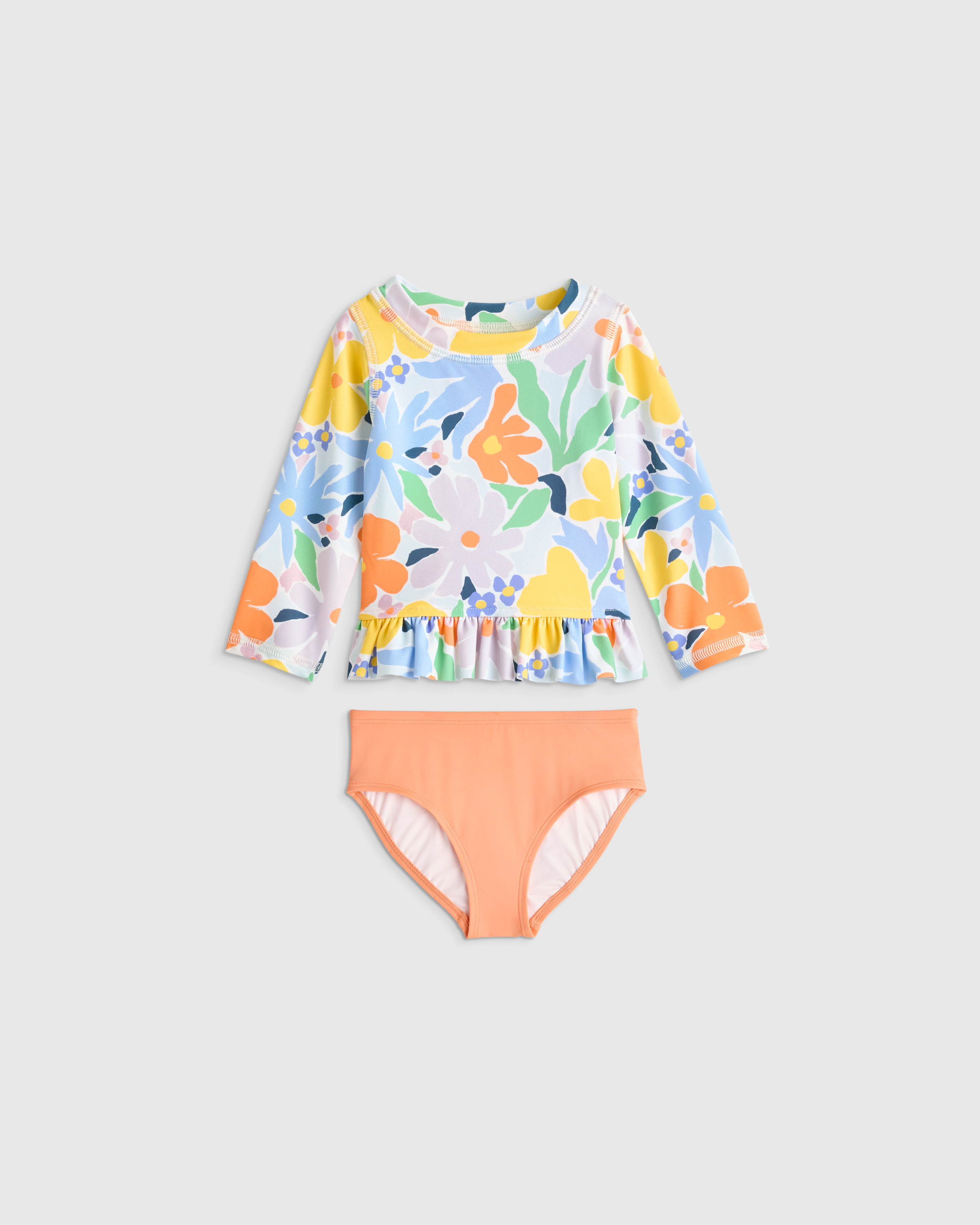 Poolside Floral Long Sleeve Ruffle Rash Guard Two-Piece Swimsuit