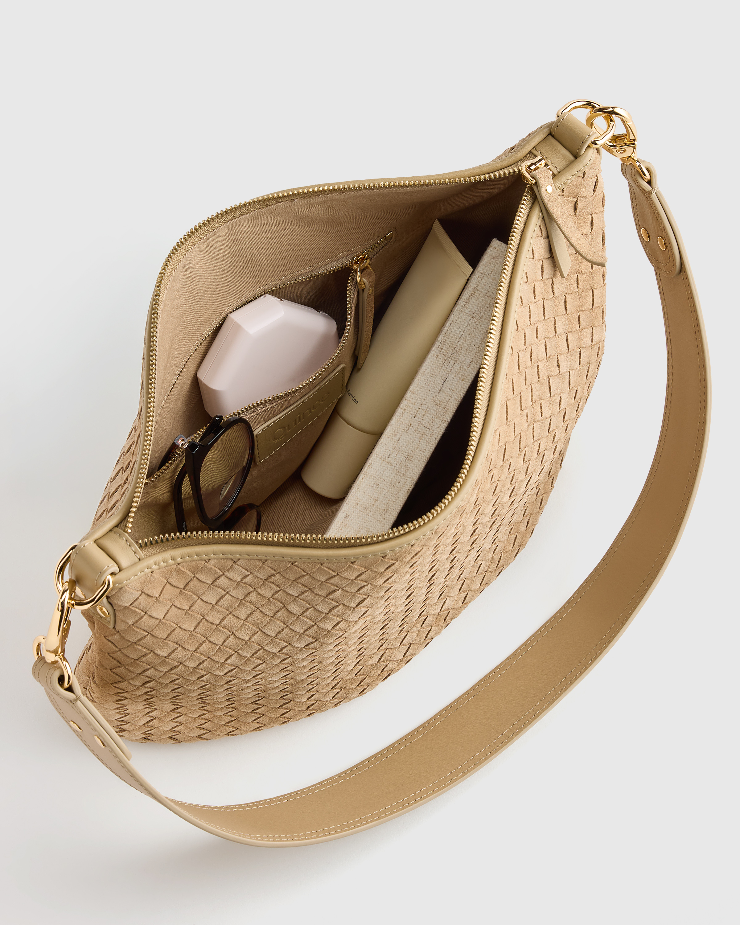 Sloane Suede Handwoven Shoulder Bag in Sand
