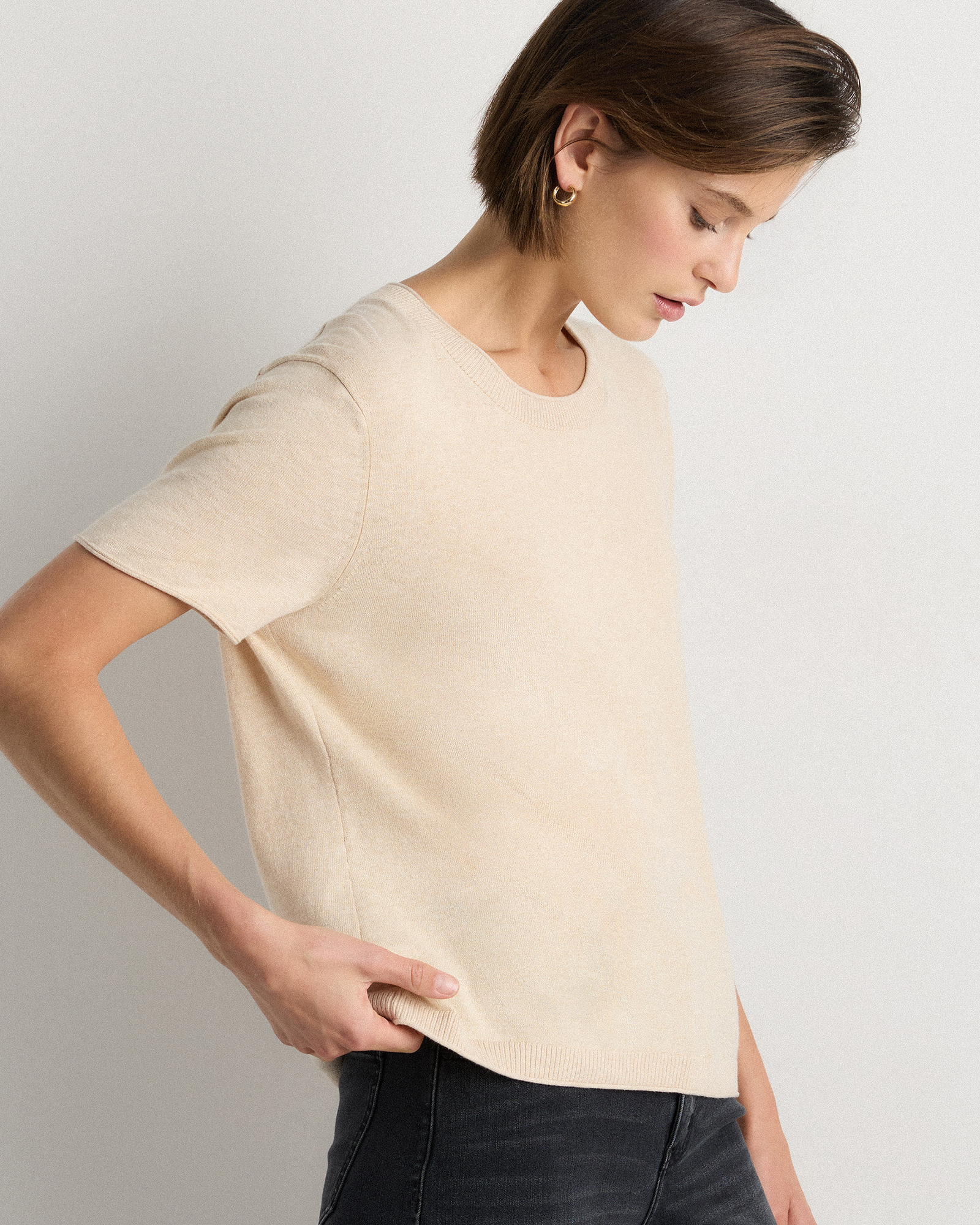 Lightweight Cotton Cashmere Relaxed Sweater Tee in Heather Oatmeal