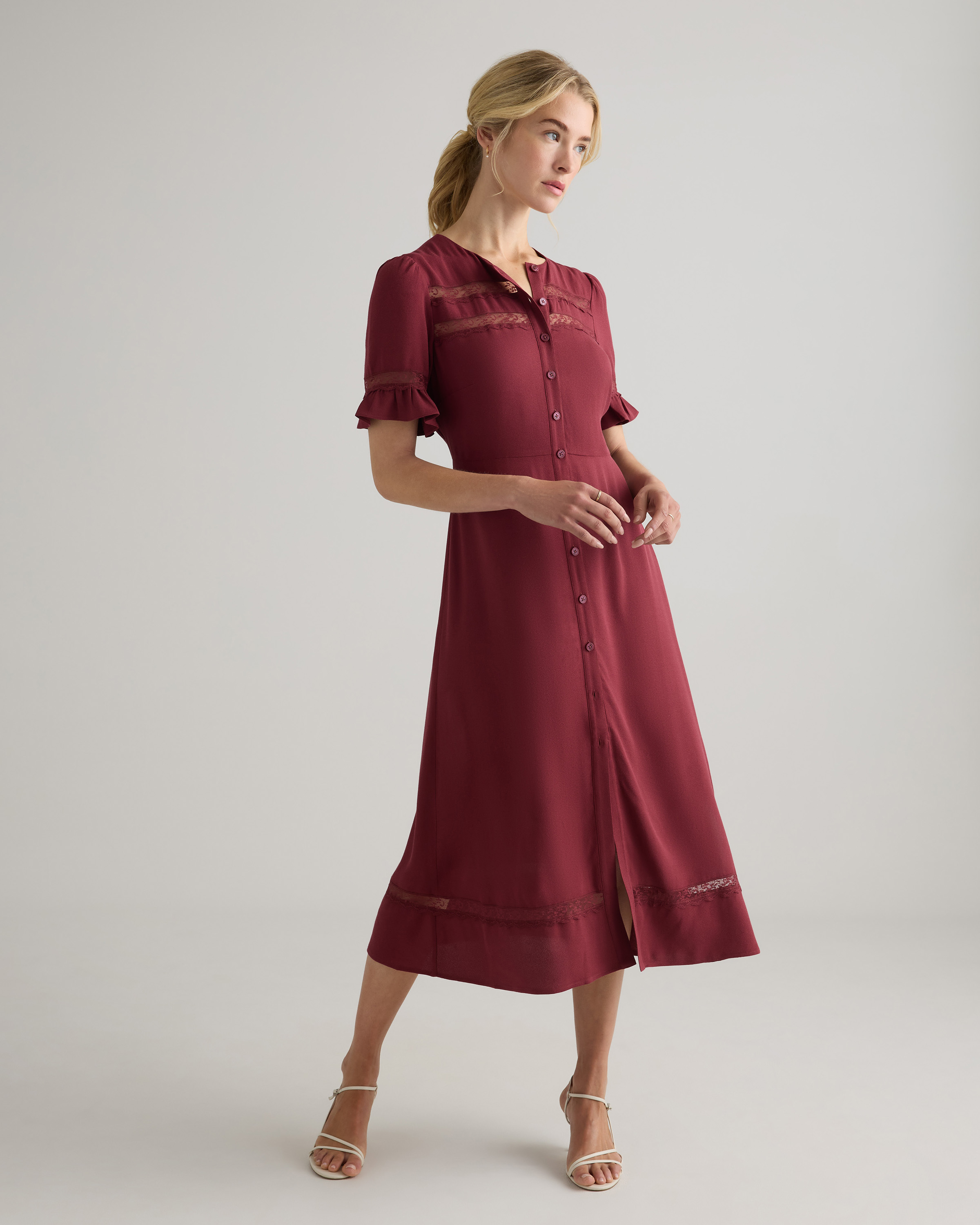 Soft crepe midi dress with lace inset detail, wrinkle-resistant and perfect for travel or cruise dinners