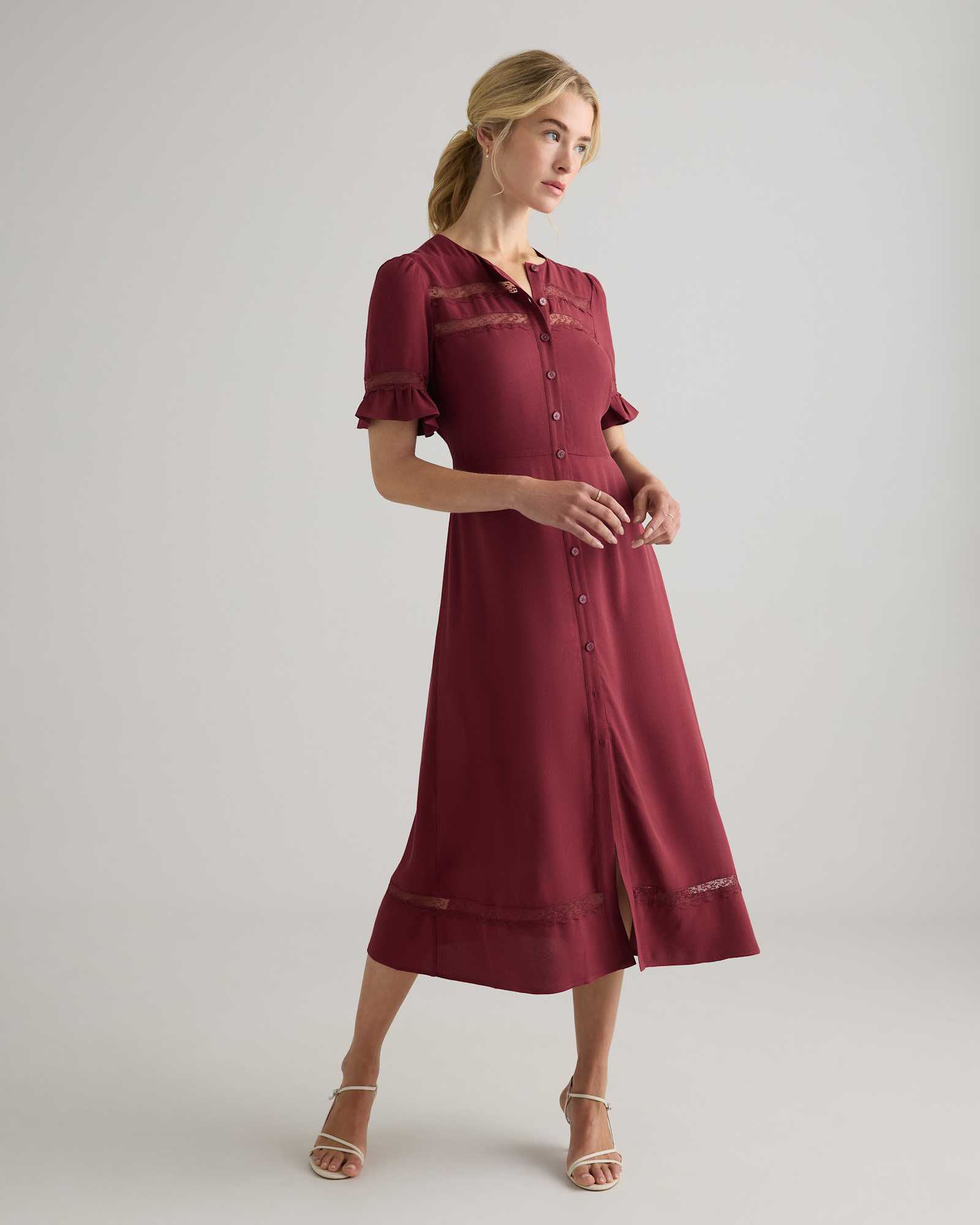 Soft crepe midi dress with lace inset detail, wrinkle-resistant and perfect for travel or cruise dinners