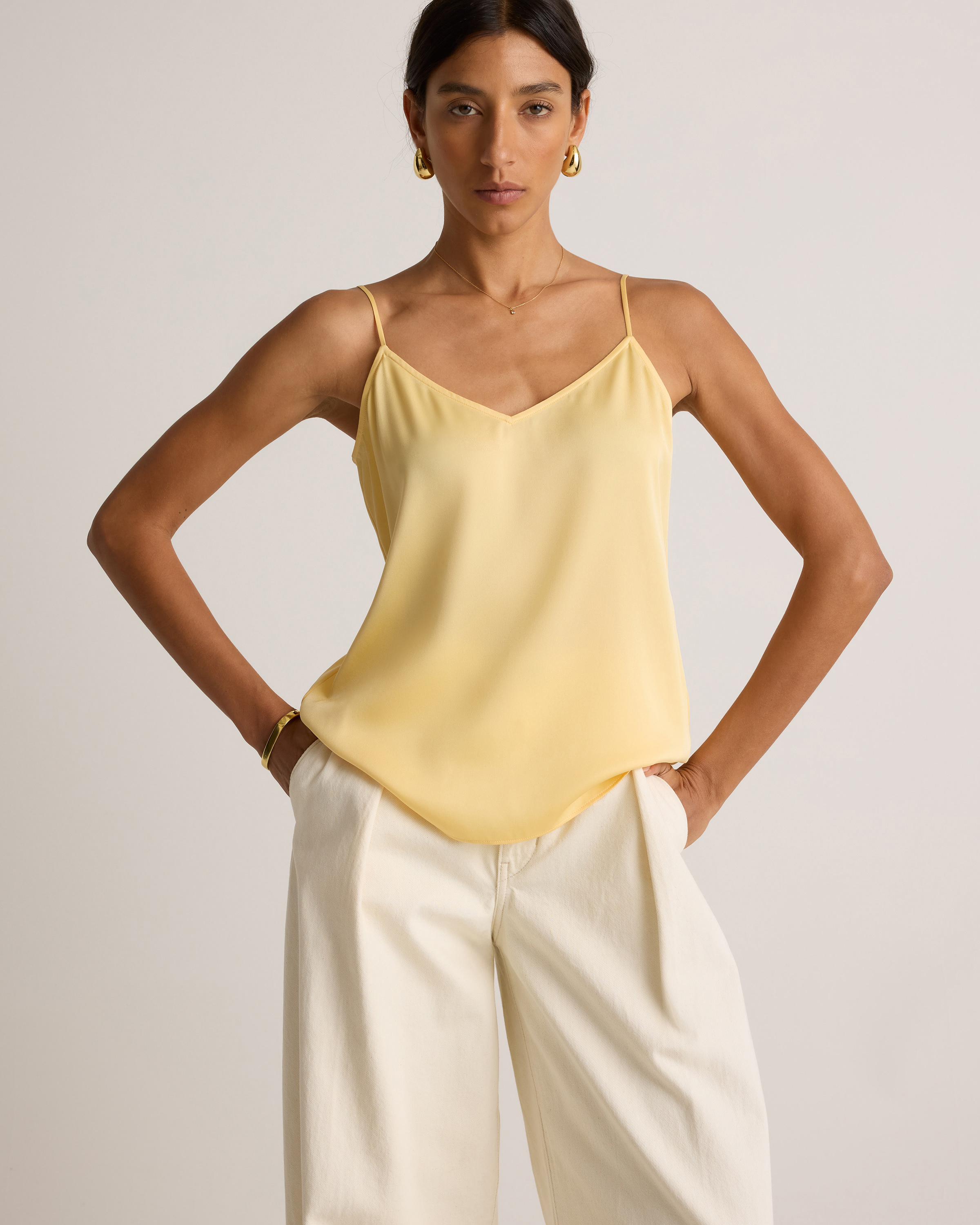 Washable Stretch Silk V-Neck Cami in Butter Yellow