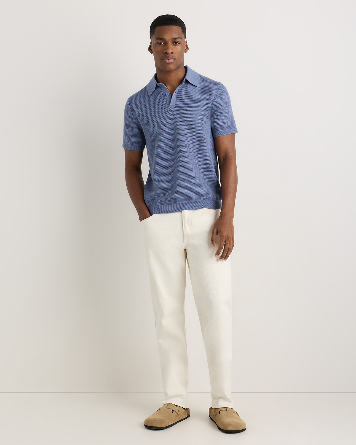 100% Organic Cotton Mesh-Stitch Sweater Polo in Moonstone Blue