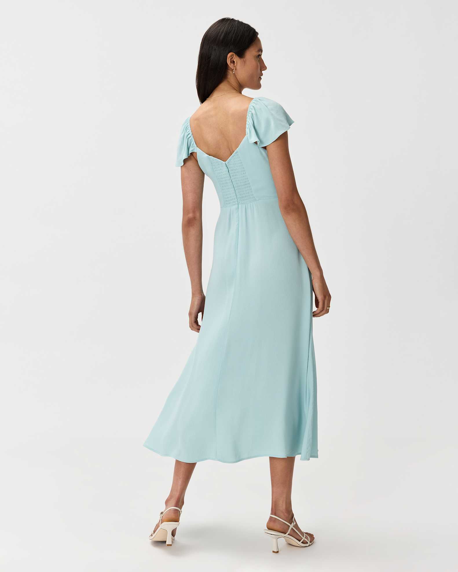 Lightweight Crepe Flutter Sleeve Midi Dress in Aqua Pearl Lightweight Crepe Flutter Sleeve Midi Dress in Aqua Pearl