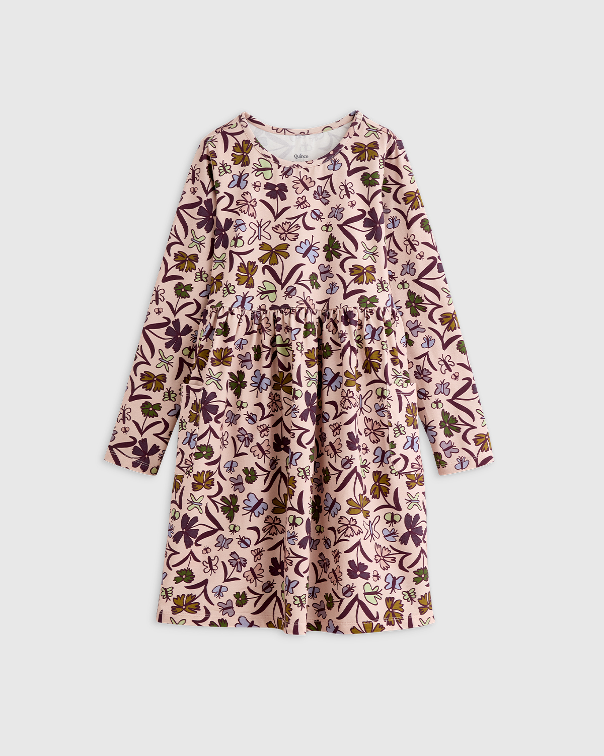 Butterfly Floral Organic Cotton Long Sleeve Fit and Flare Pocket Dress 