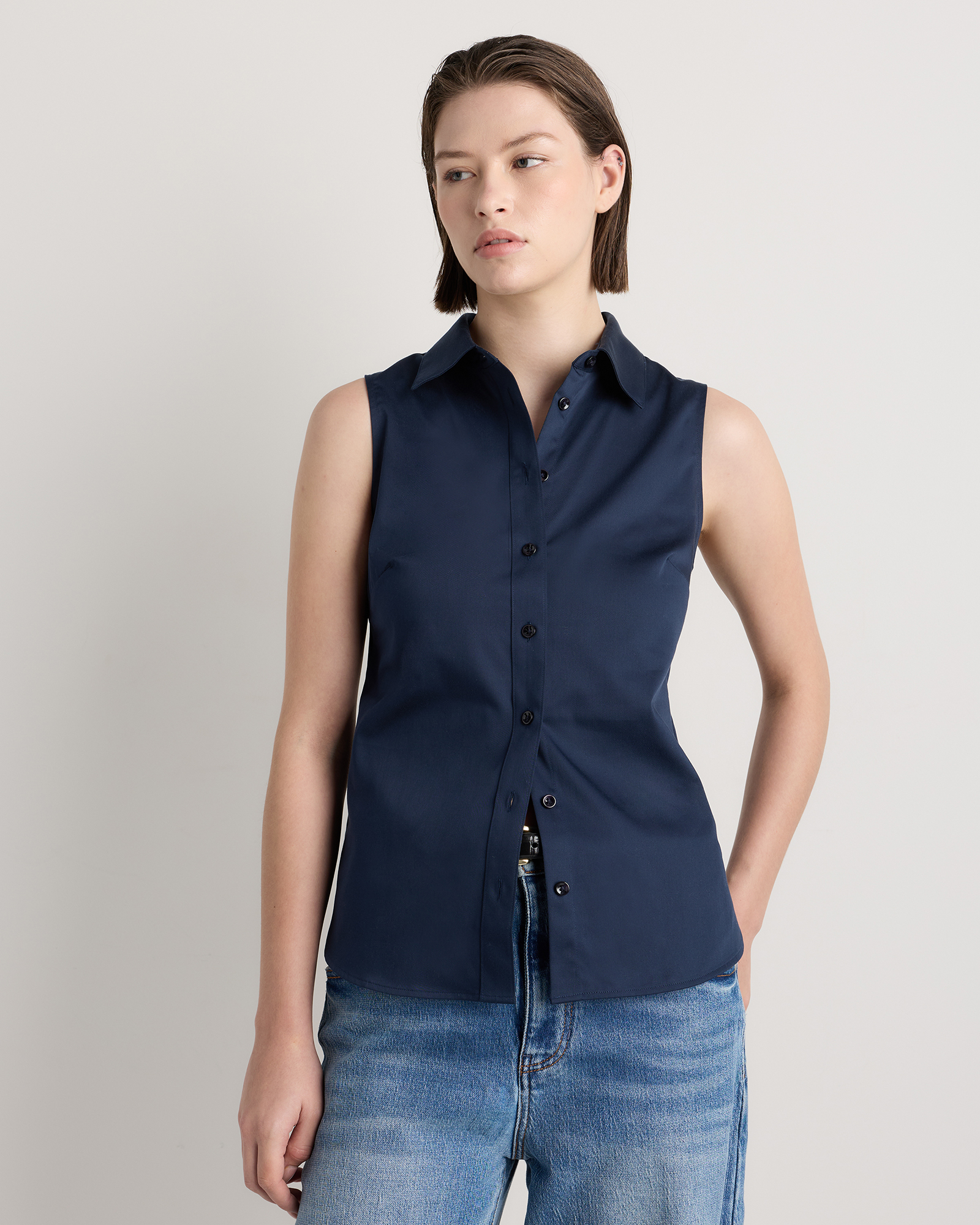 Solid Navy Organic Stretch Cotton Tailored Sleeveless Shirt