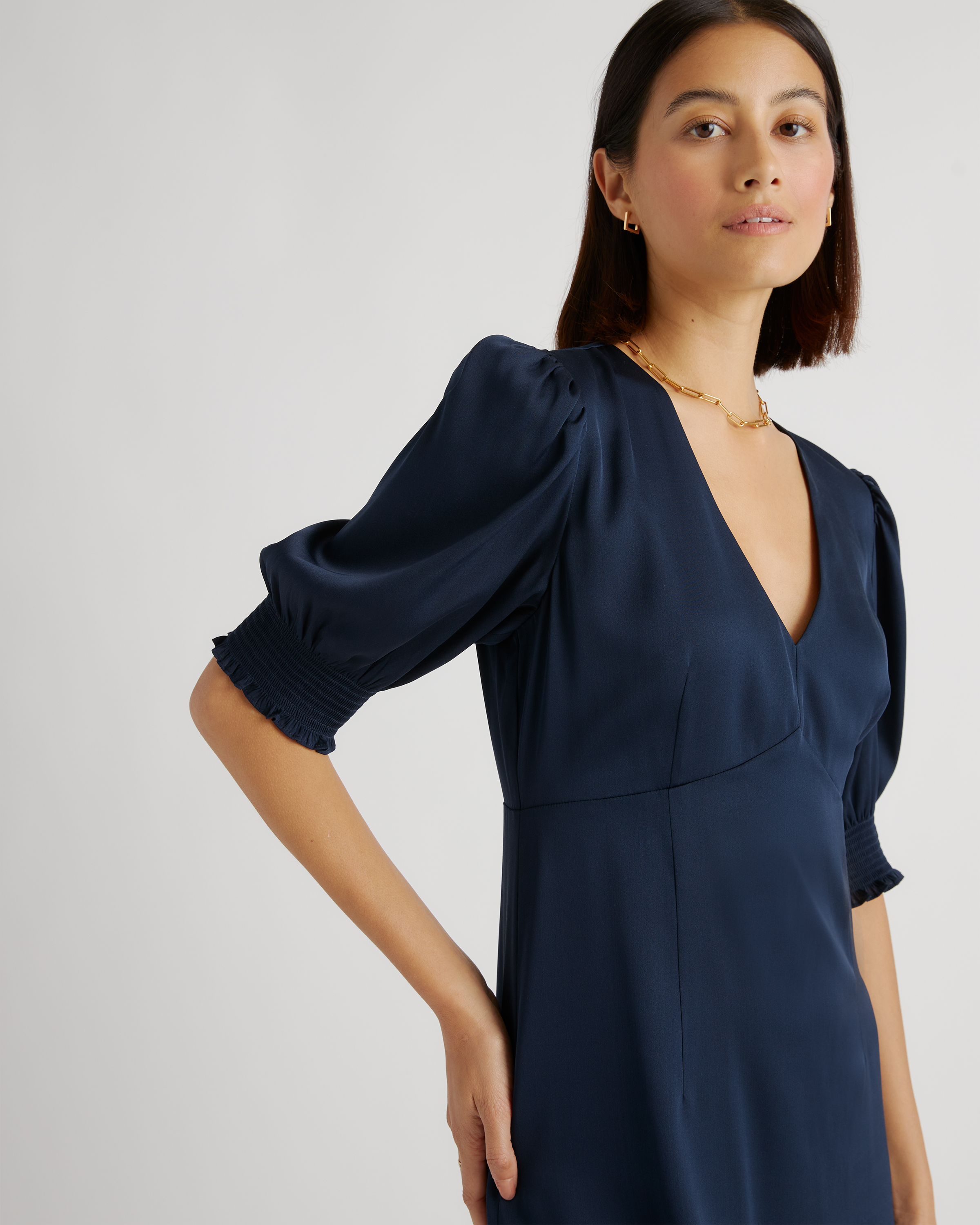 Washable Stretch Silk Puff Sleeve Mini Dress in Navy