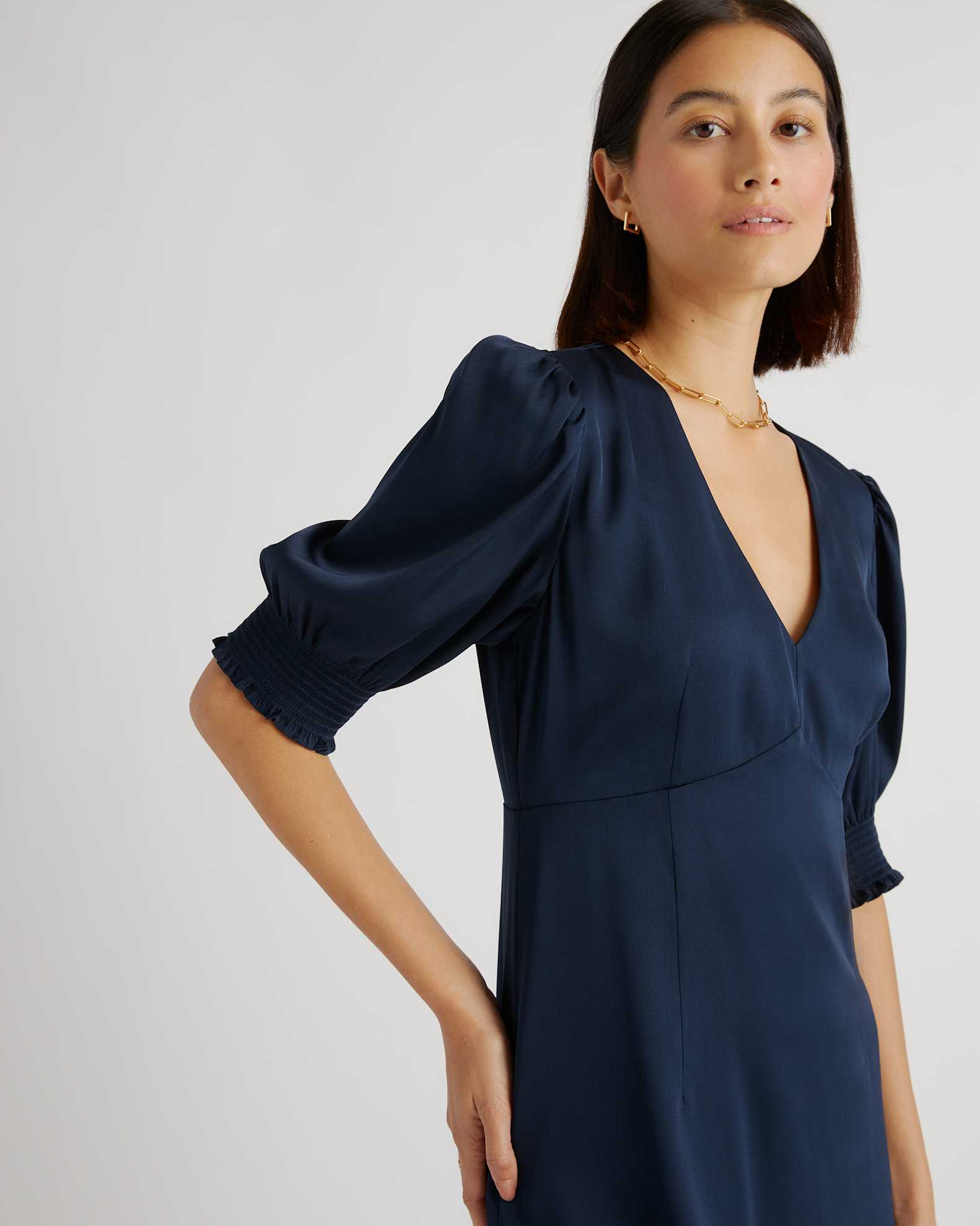 Washable Stretch Silk Puff Sleeve Mini Dress in Navy Washable Stretch Silk Puff Sleeve Mini Dress in Navy