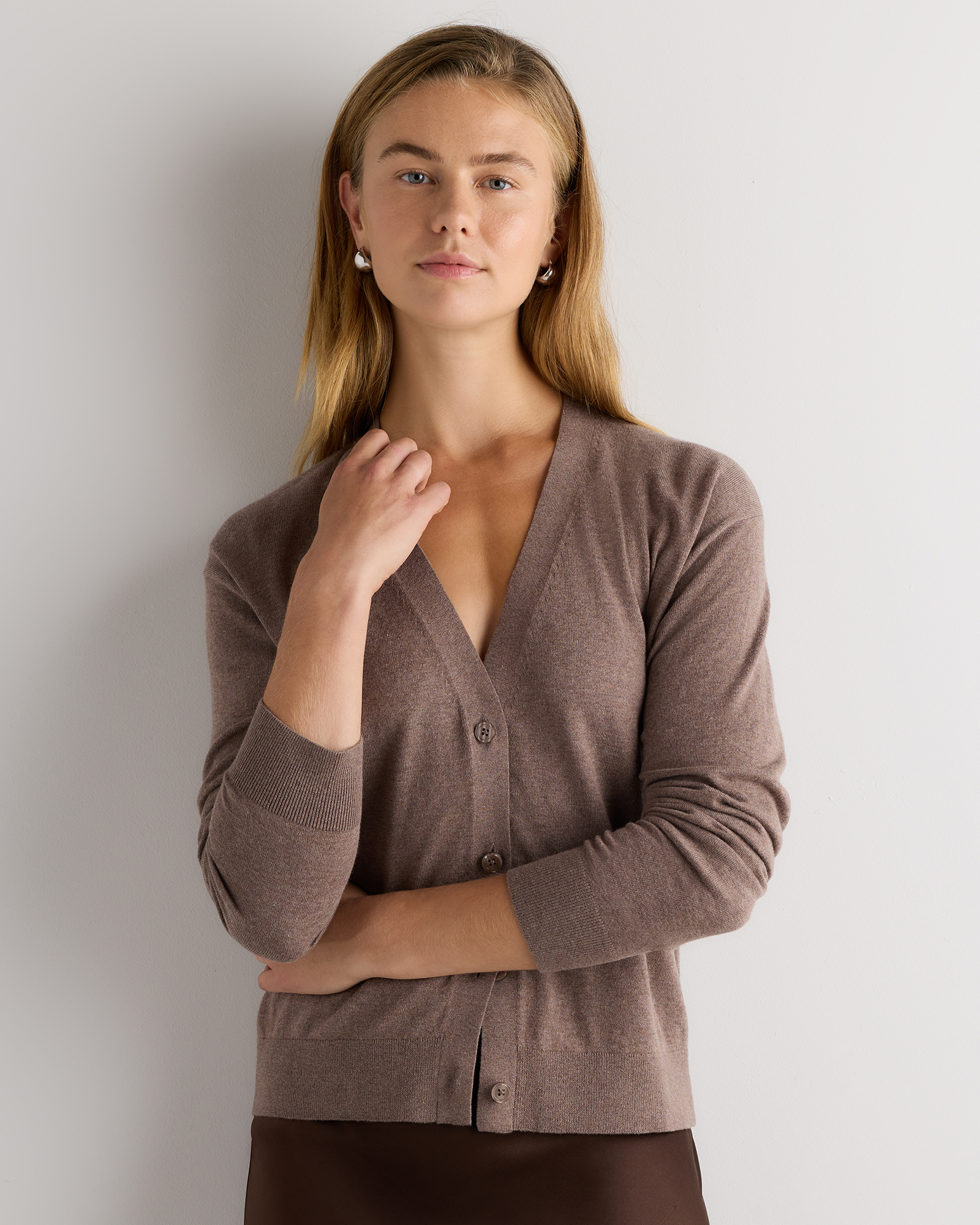 Heathered Mink Taupe Lightweight Cotton Cashmere Cardigan