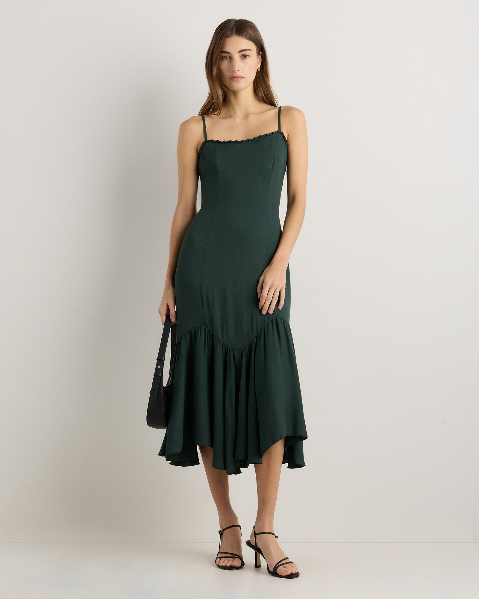 Forest Green Lightweight Crepe Pleated Hem Midi Dress