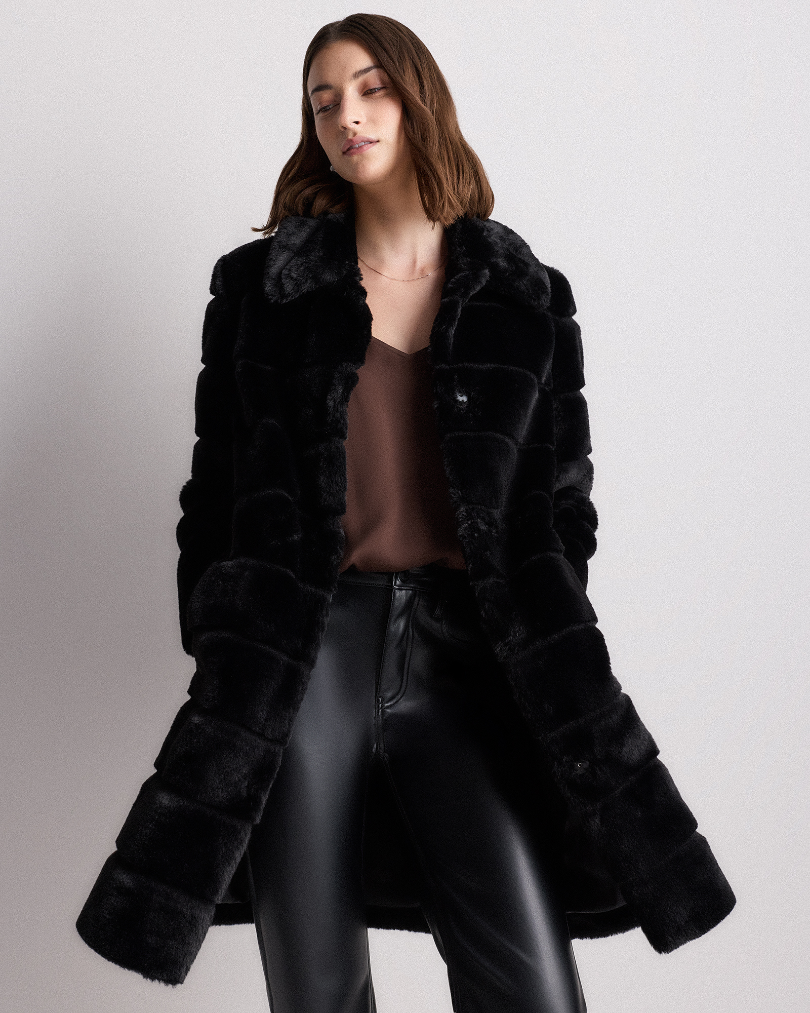 Faux Fur Long Coat in Black