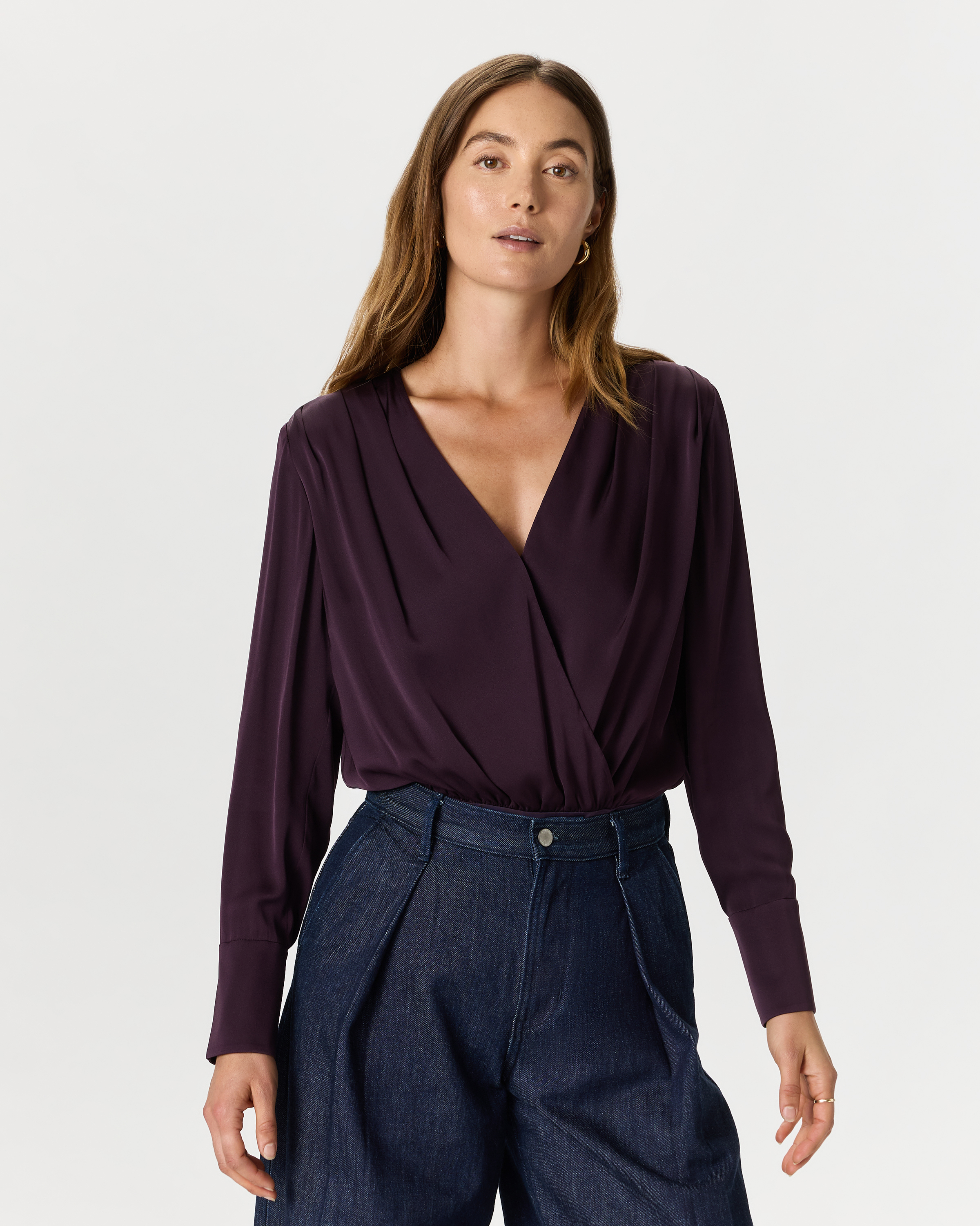 Deep Orchid Purple Washable Stretch Silk Surplice Bodysuit