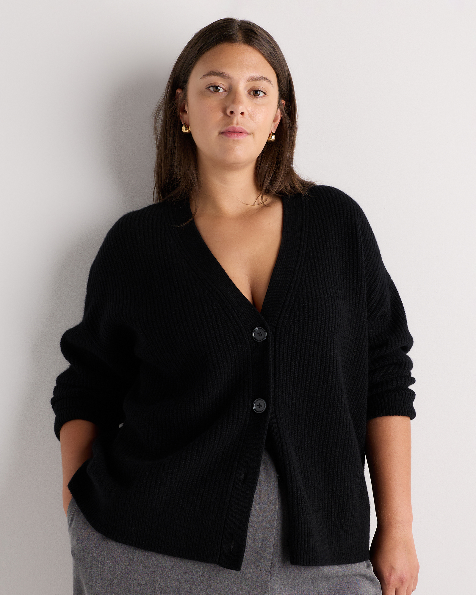 Black Mongolian Cashmere Fisherman Boxy Cropped Cardigan Sweater