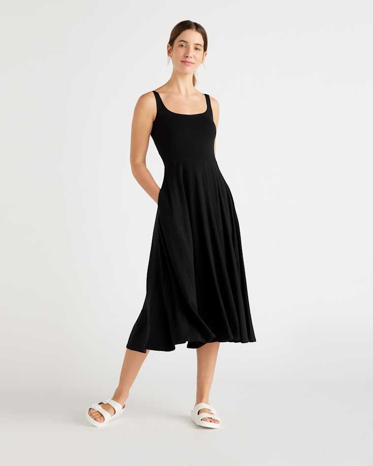 Women's 100% European Linen Fit & Flare Midi Dress in Black, Size XL by Quince Women's 100% European Linen Fit & Flare Midi Dress in Black, Size XL by Quince