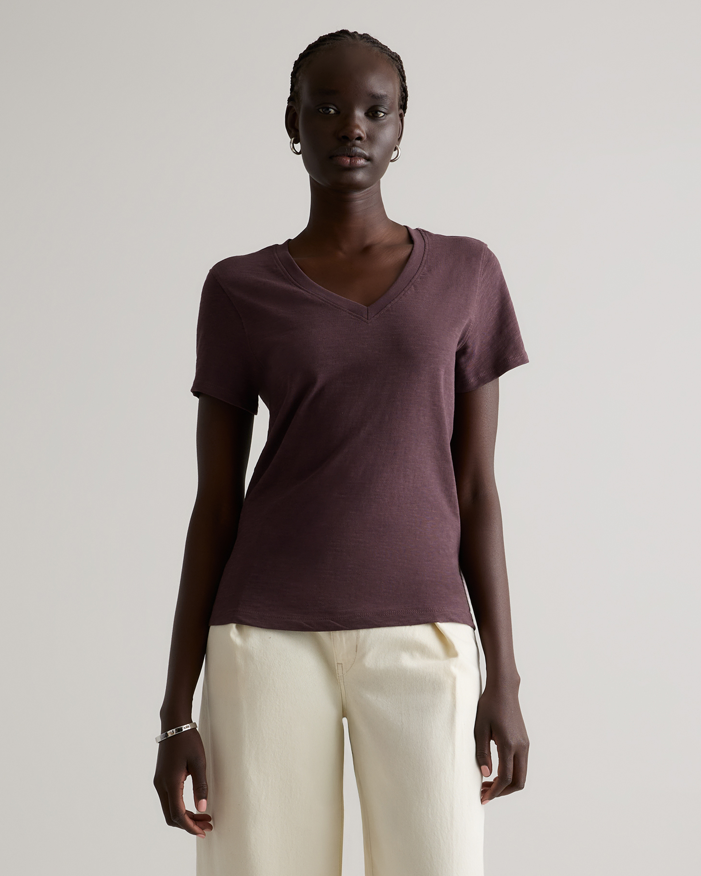 Dried Fig 100% Organic Cotton Slub V-Neck Tee