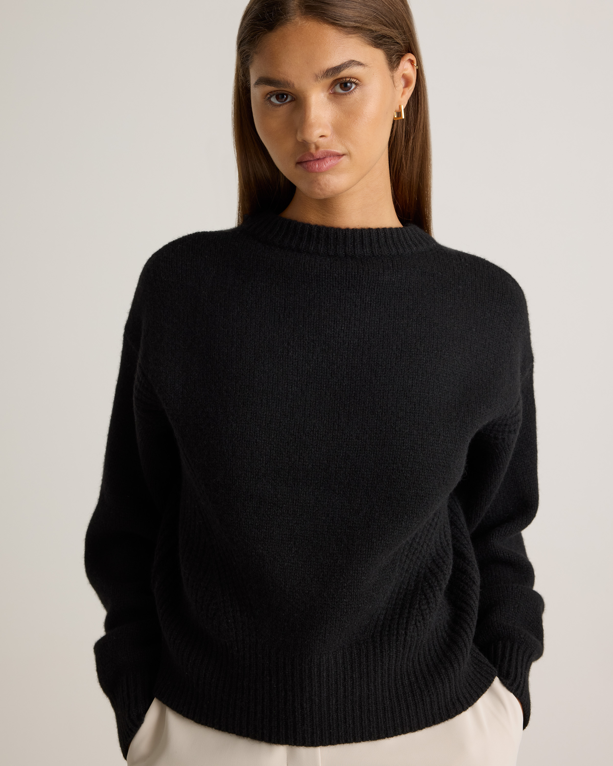 100% Yak Wool Pointelle Detail Relaxed Crew in Black