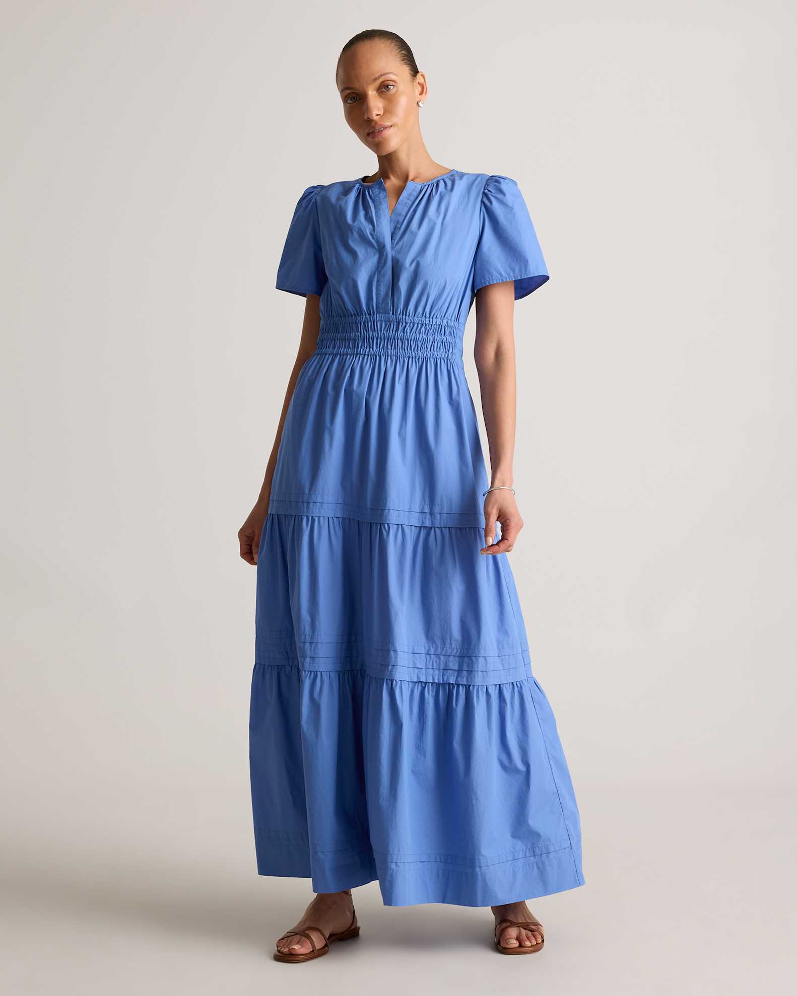 Quince Women's Poplin Tiered Maxi Dress, True Blue, Size XS - 100% Organic Cotton, V-Neck, Short Sleeves, Pocketed Quince Women's Poplin Tiered Maxi Dress, True Blue, Size XS - 100% Organic Cotton, V-Neck, Short Sleeves, Pocketed