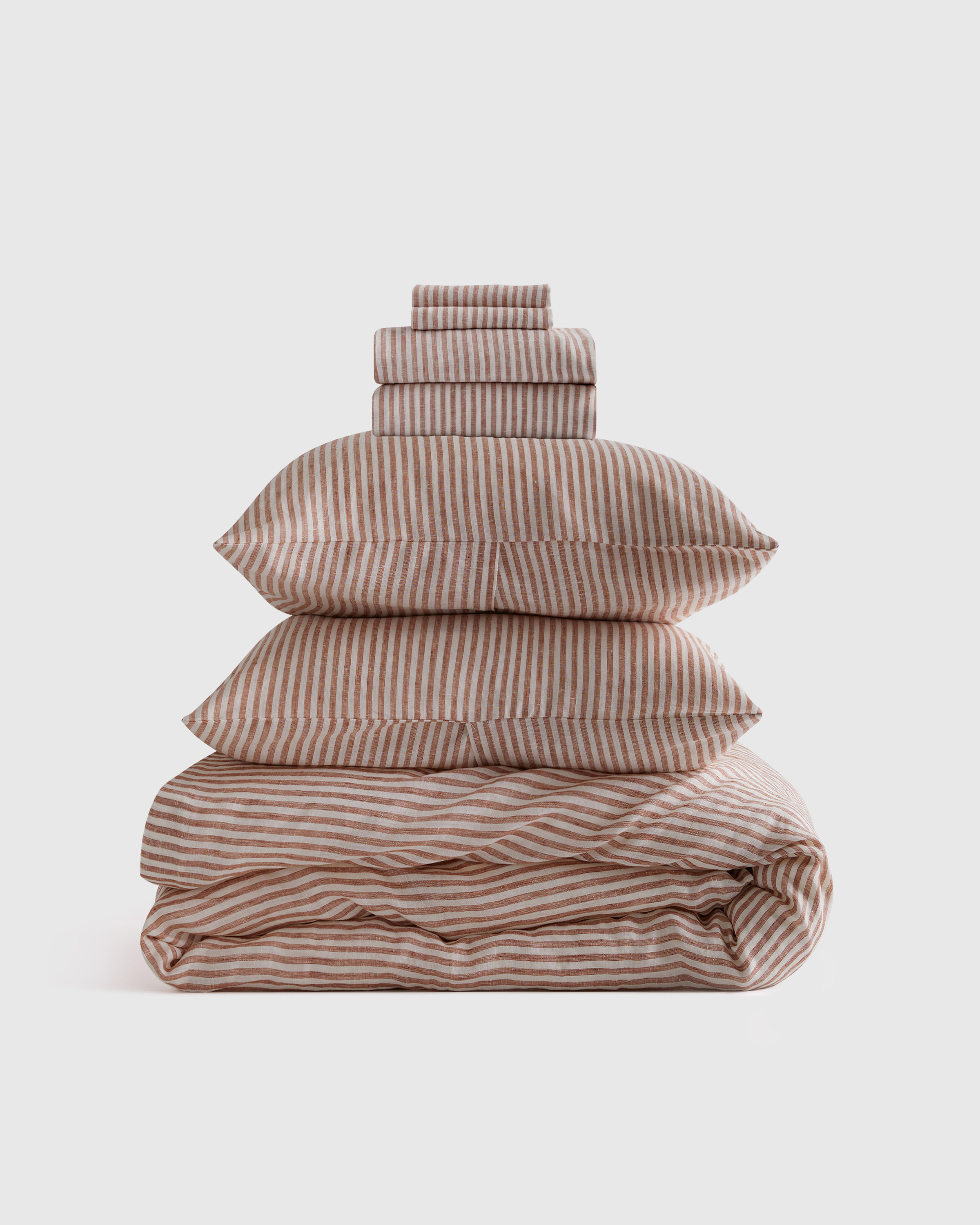 Terracotta/White Stripe European Linen Stripe Deluxe Bedding Bundle