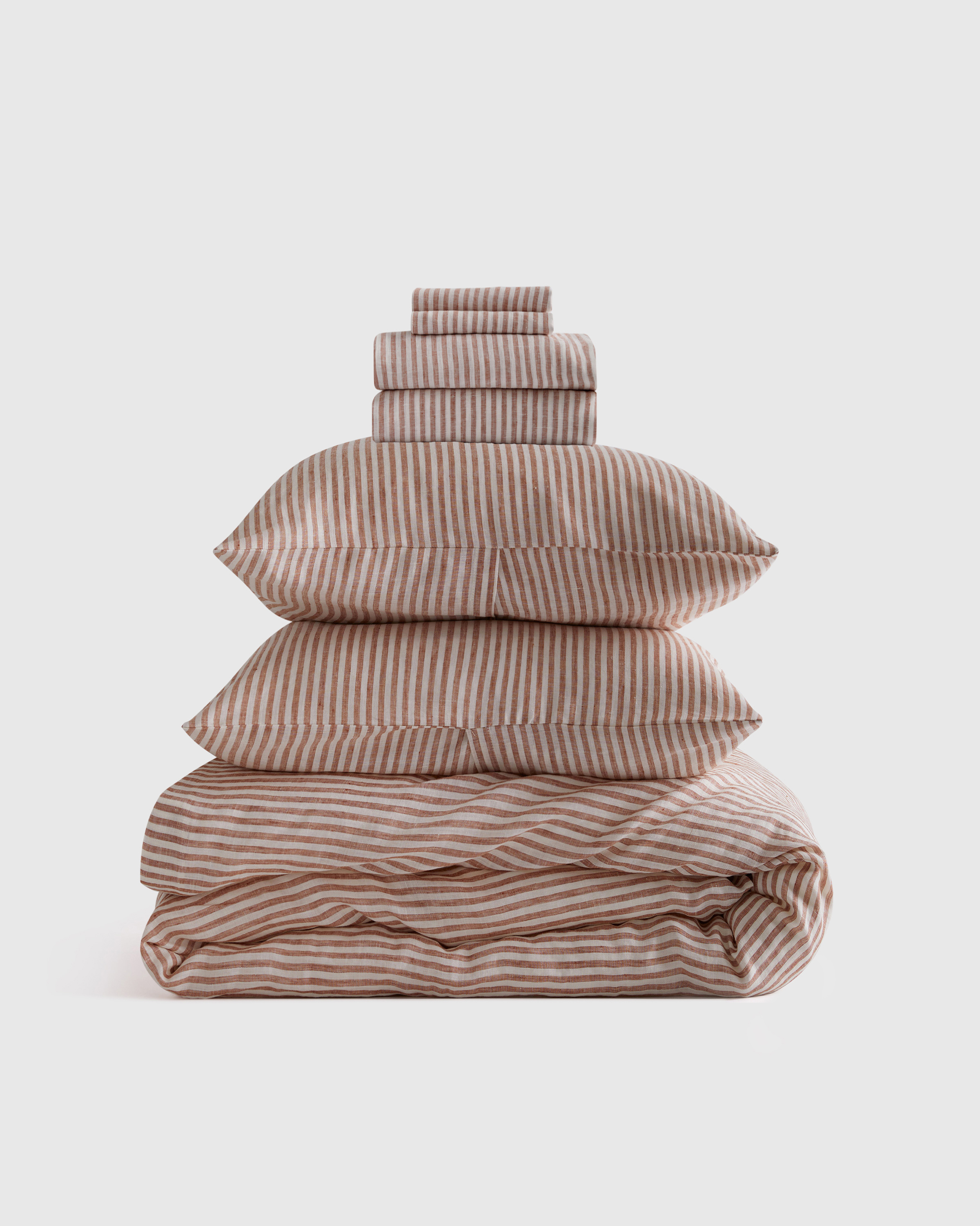 Terracotta/White Stripe European Linen Stripe Deluxe Bedding Bundle