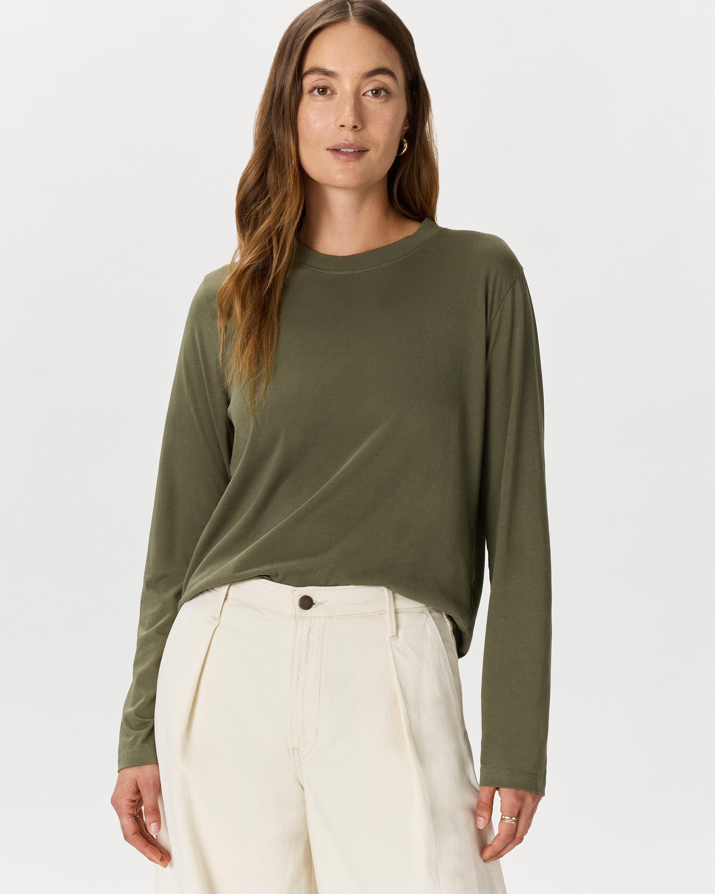 Dark Olive Cotton Modal Relaxed Long Sleeve Tee