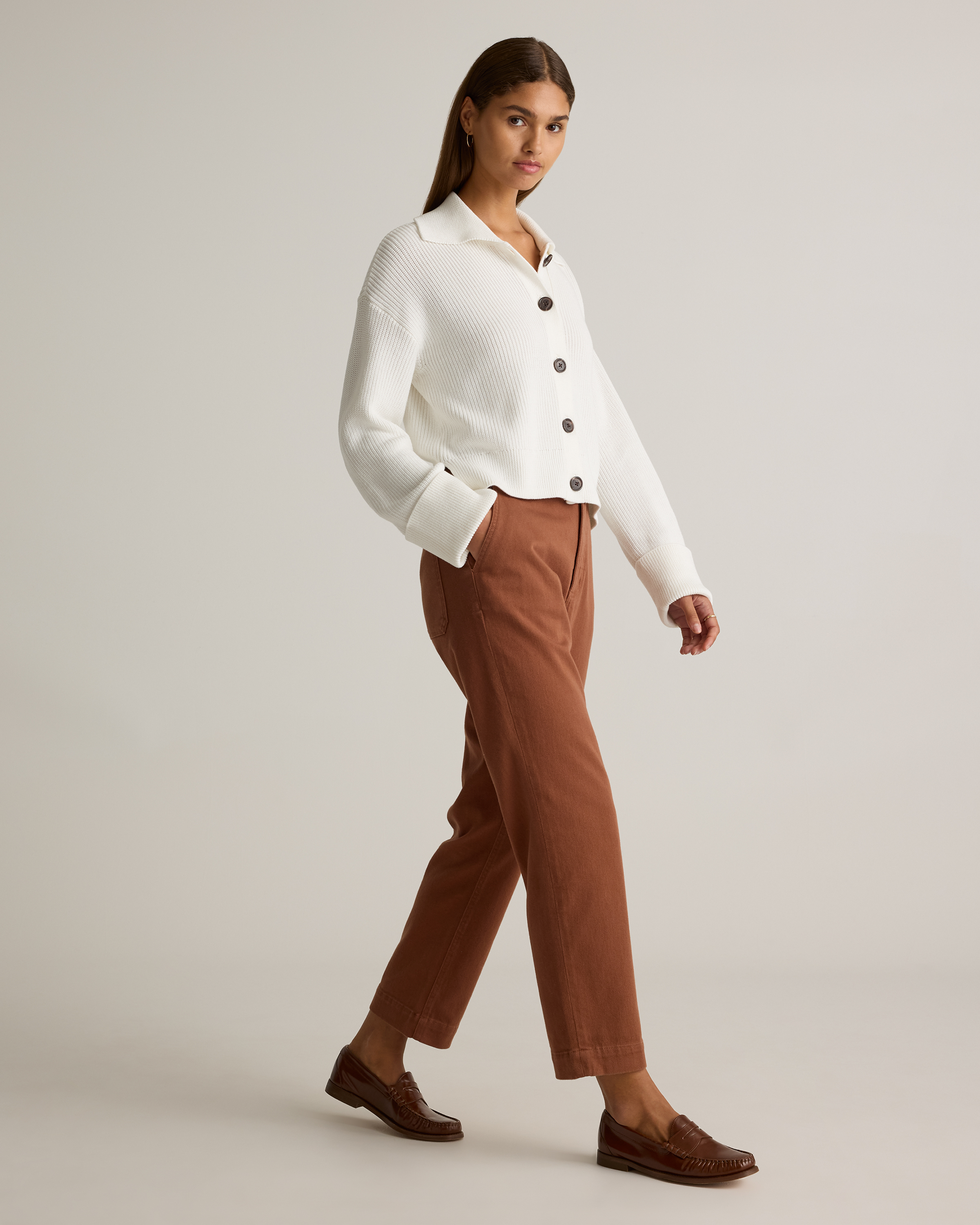 Organic Stretch Cotton Twill Straight Leg Cropped Pants