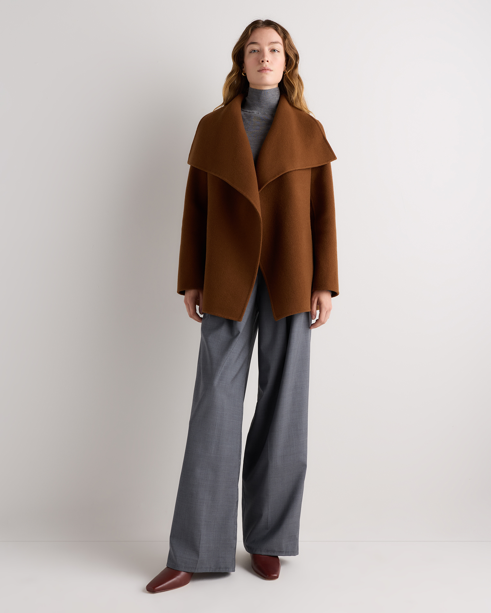 Double-Faced Merino Wool Draped Collar Short Wrap Coat in Ambrose
