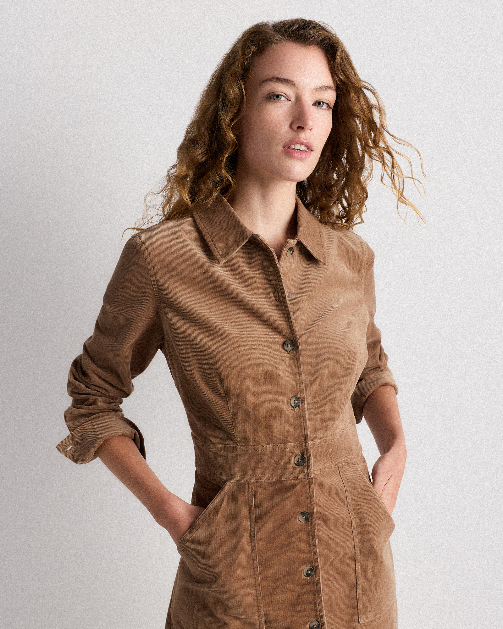 Organic Stretch Corduroy Mini Shirt Dress in Warm Brown