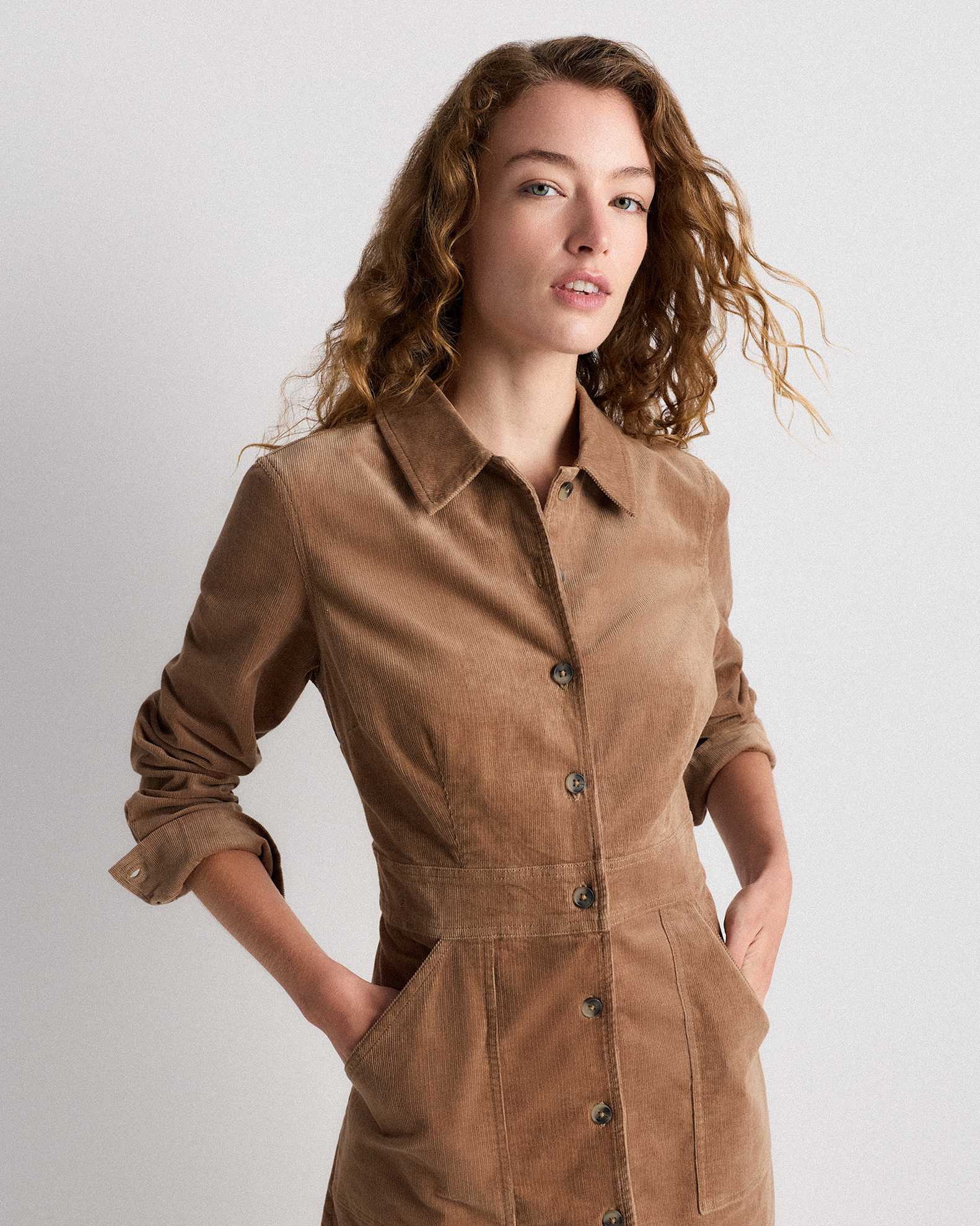 Organic Stretch Corduroy Mini Shirt Dress in Warm Brown Organic Stretch Corduroy Mini Shirt Dress in Warm Brown